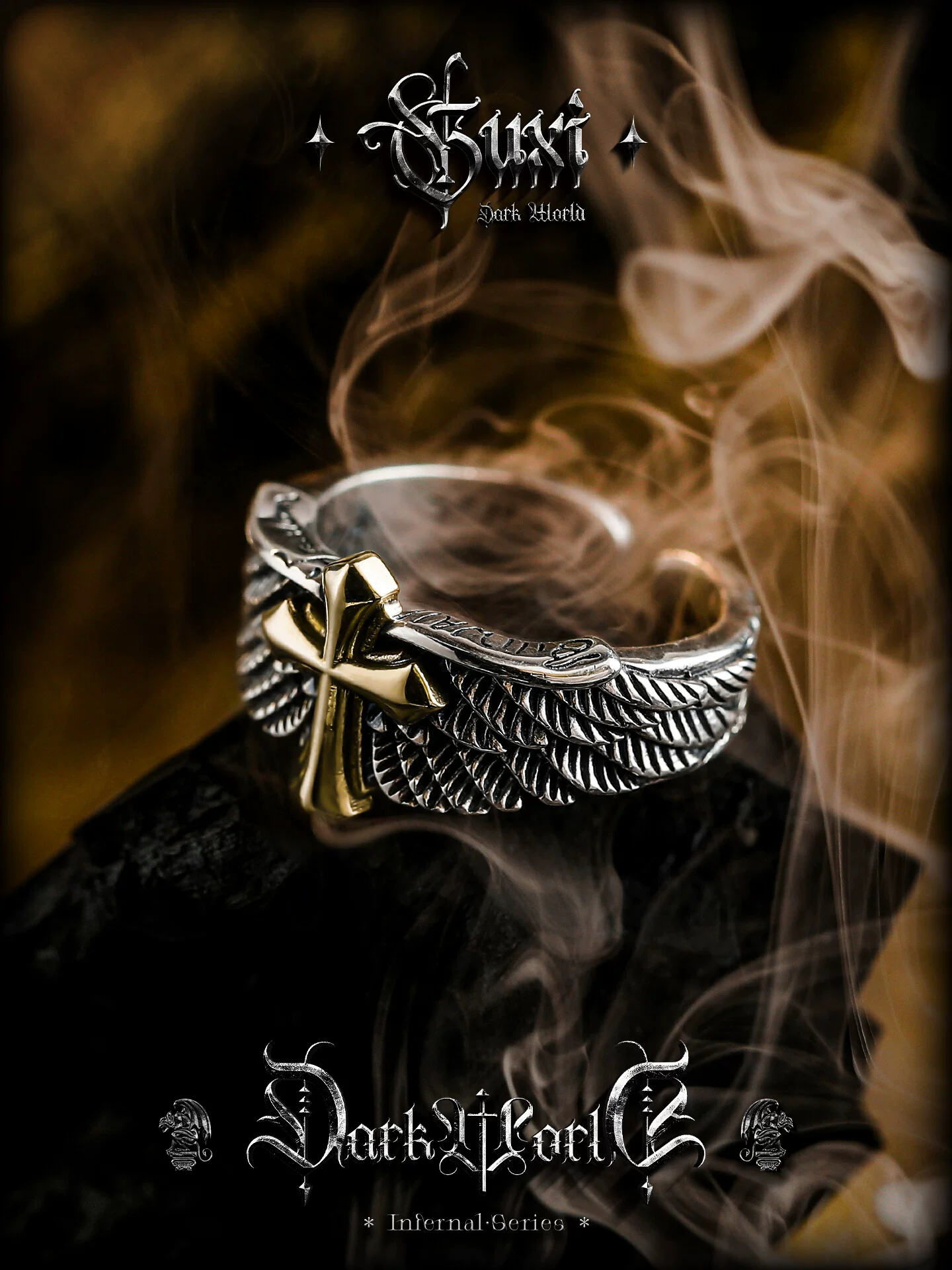 GUXI【圣洁之光】十字架羽毛925银开口戒指环男生小众复古高级感