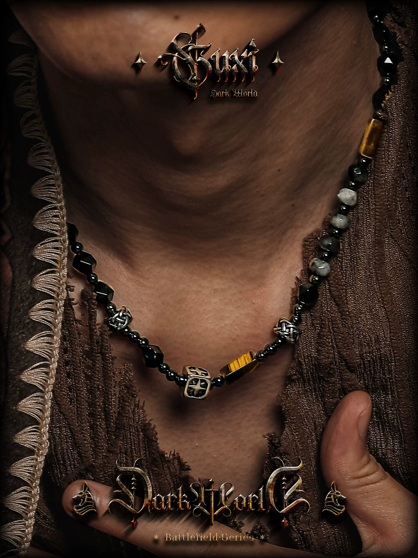 GUXI【暗寻】原创设计黑曜石项链男复古虎眼石珠子毛衣链个性饰品