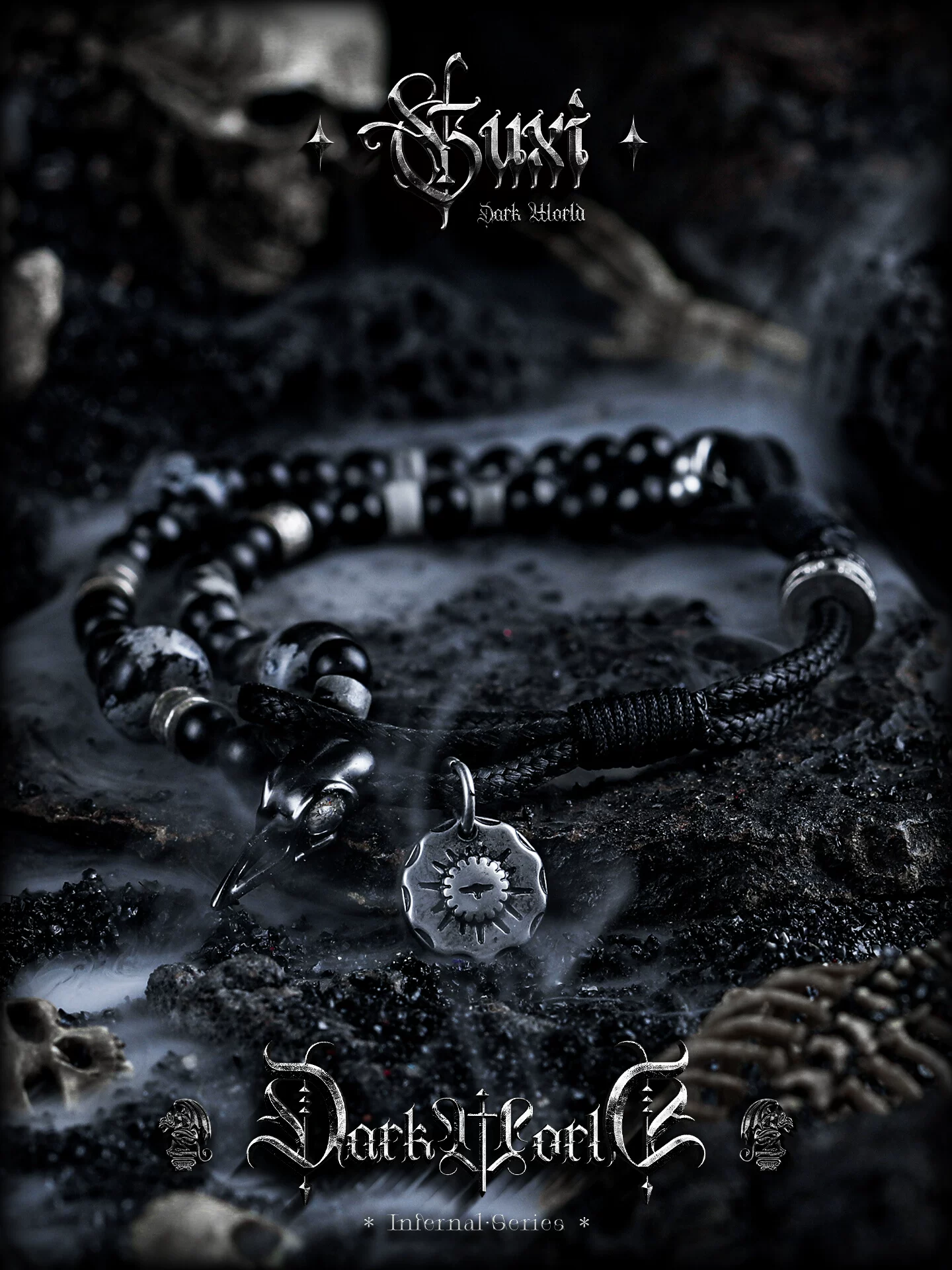 GUXI【渡鸦】暗黑复古黑曜石手链男小众手串个性手绳饰品生日礼物