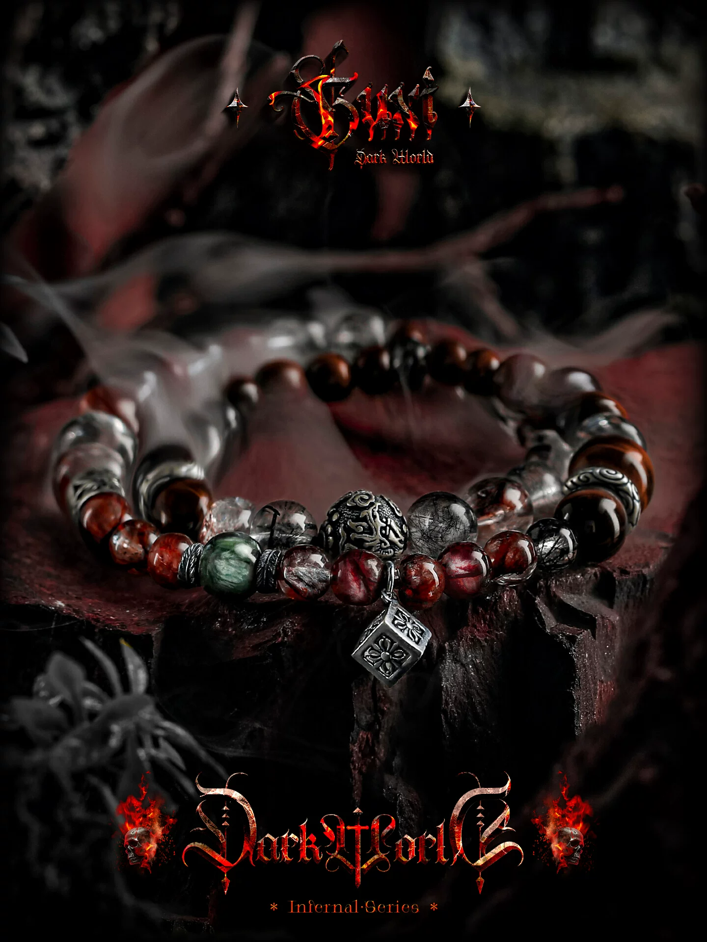 GUXI【龙窟】小众红胶花水晶手链男复古黑发晶手串珠子轻奢饰品潮