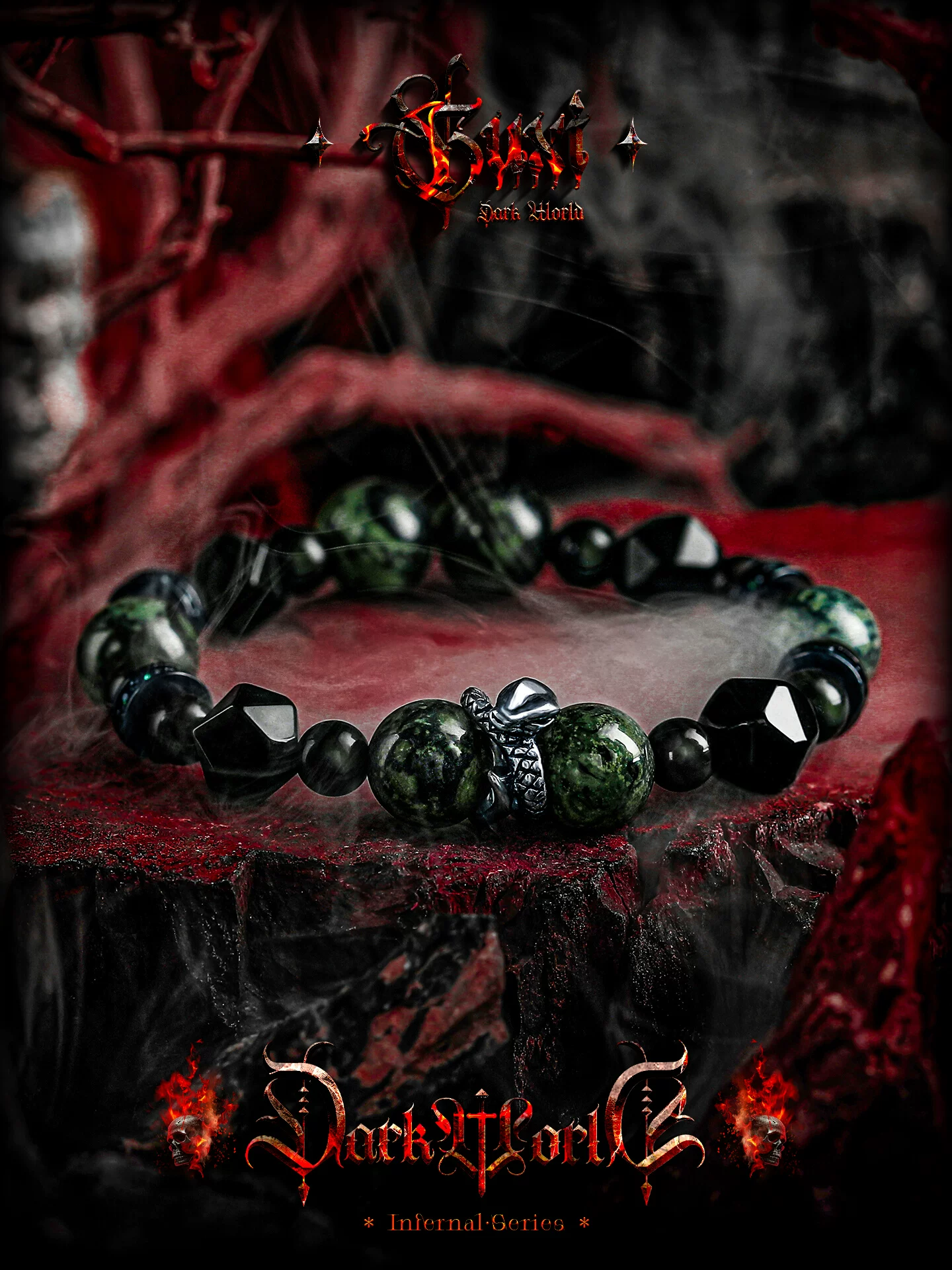 GUXI【绿野】暗黑风黑曜石手链男小众设计蛇手串珠子饰品生日礼物