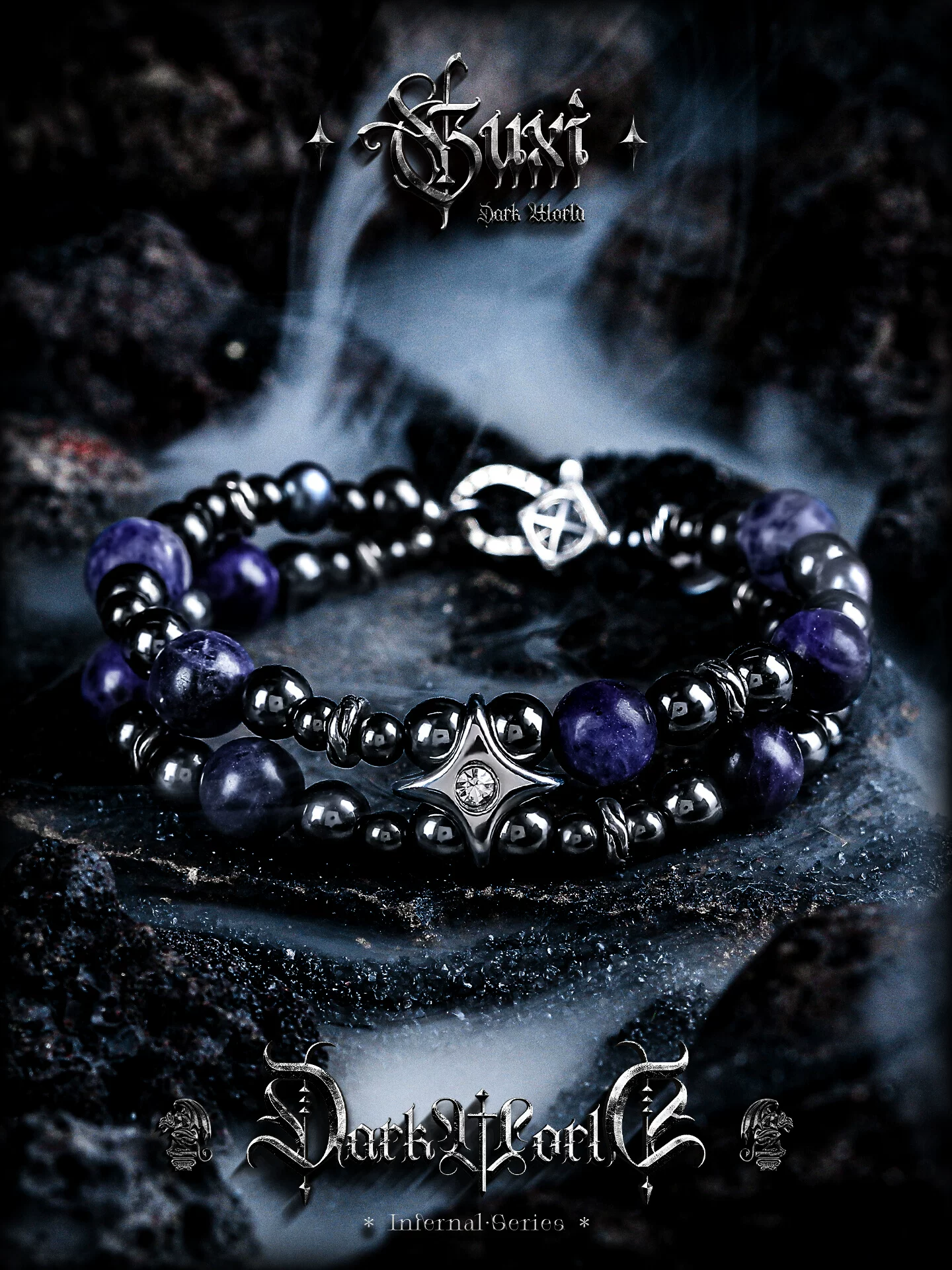 GUXI【遗落之星】巴洛克淡水珍珠手链男黑胆石手串蓝纹石个性饰品