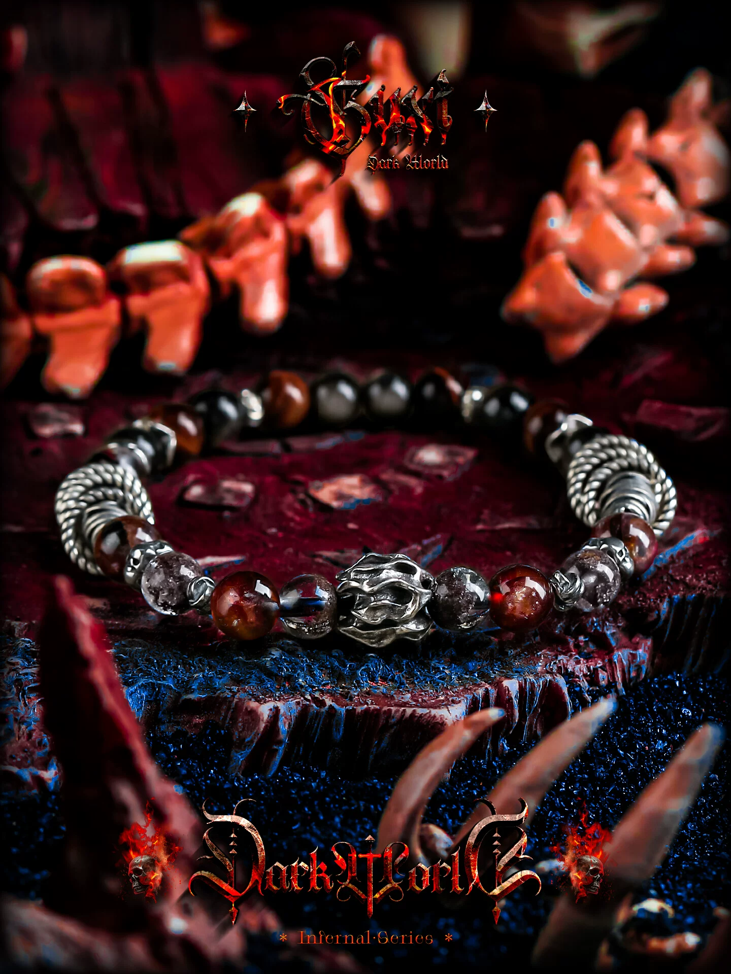 GUXI【炽魂】幽灵红胶花水晶手链男银黑曜石虎眼石多宝手串高级感