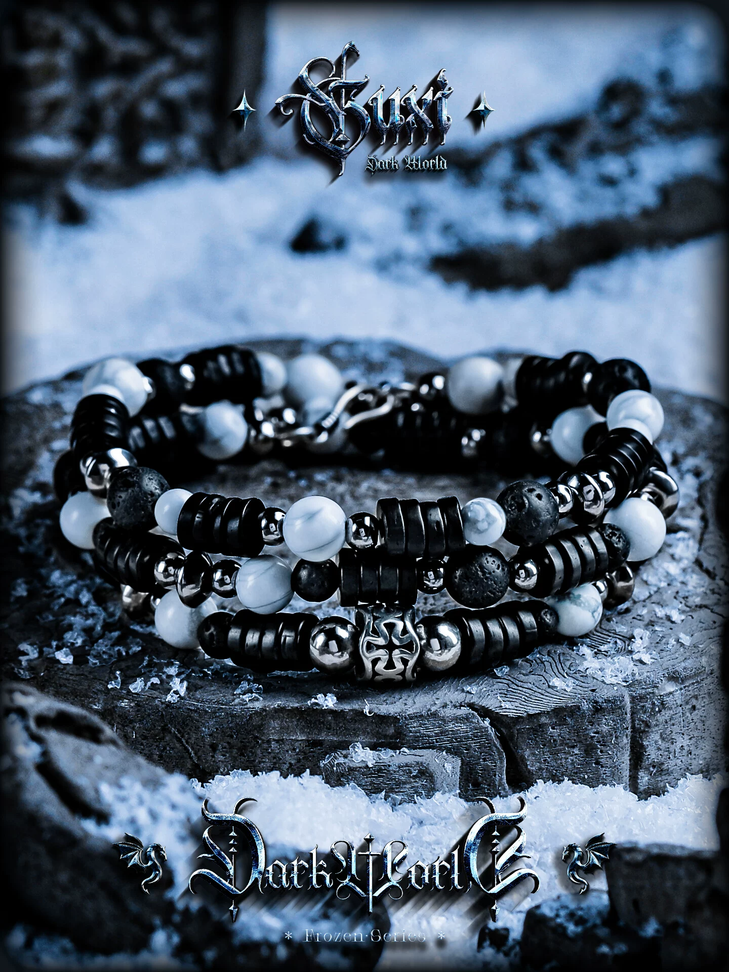 GUXI【双生】复古火山石手链男白纹石椰壳手串珠小众个性叠戴饰品