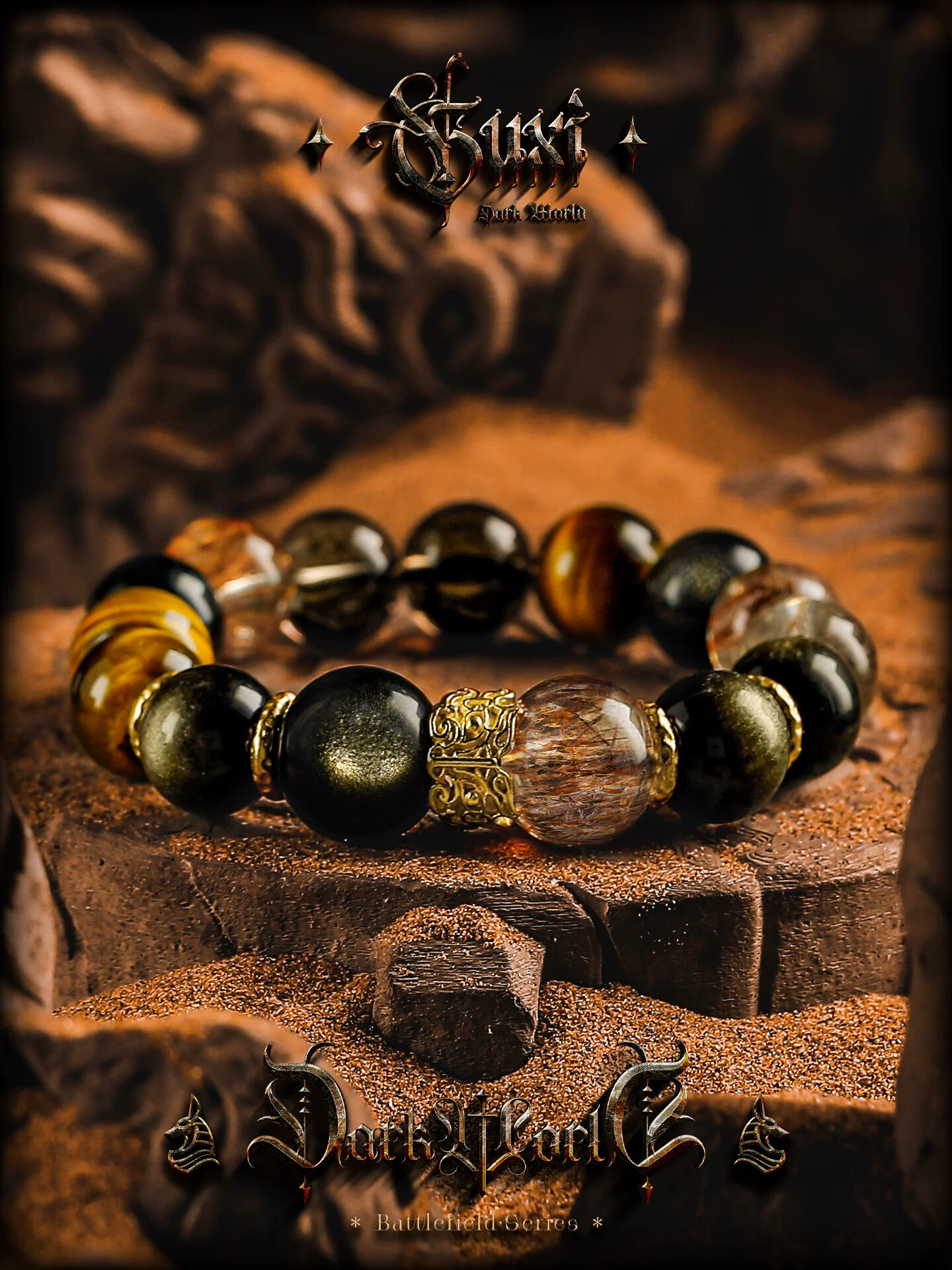 GUXI【鎏光】金黑曜石手链男虎眼石复古超七黑金水晶手串轻奢礼物