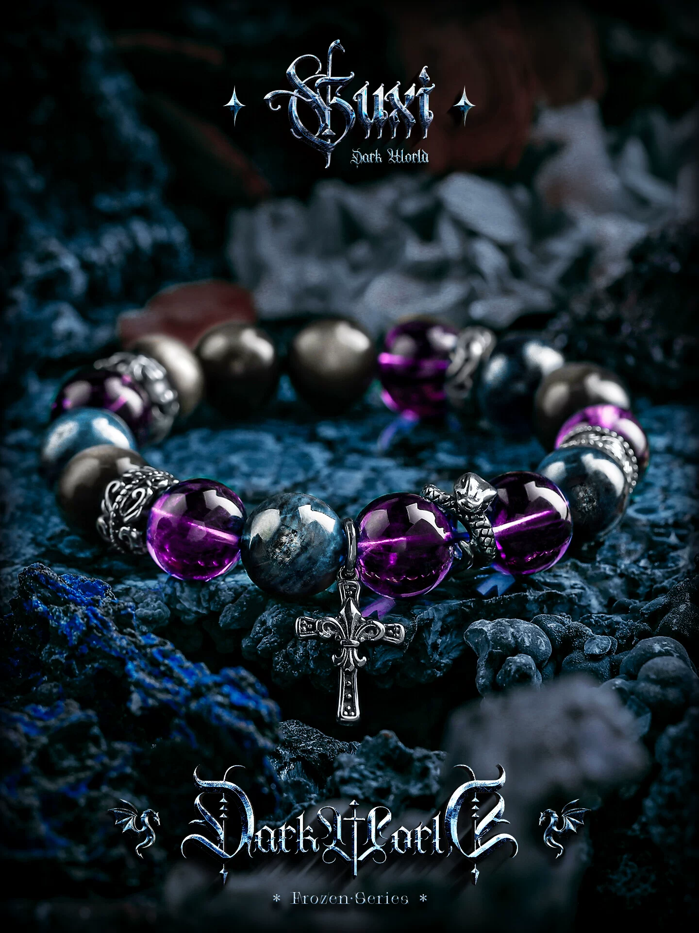 GUXI【伊甸园】原创银黑曜石手链男复古紫水晶手串珠饰品生日礼物