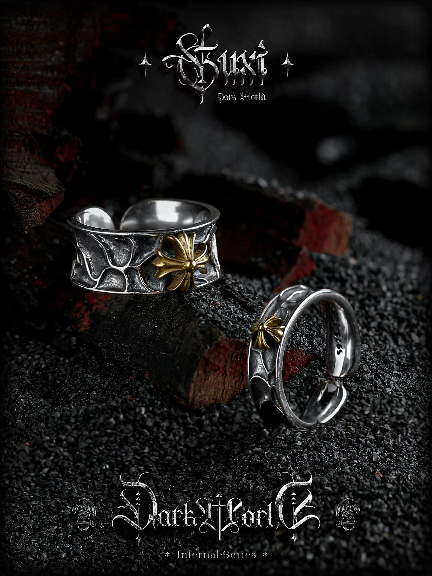 GUXI【勇者之心】复古十字架925银戒指男潮高级感指环手工银饰品