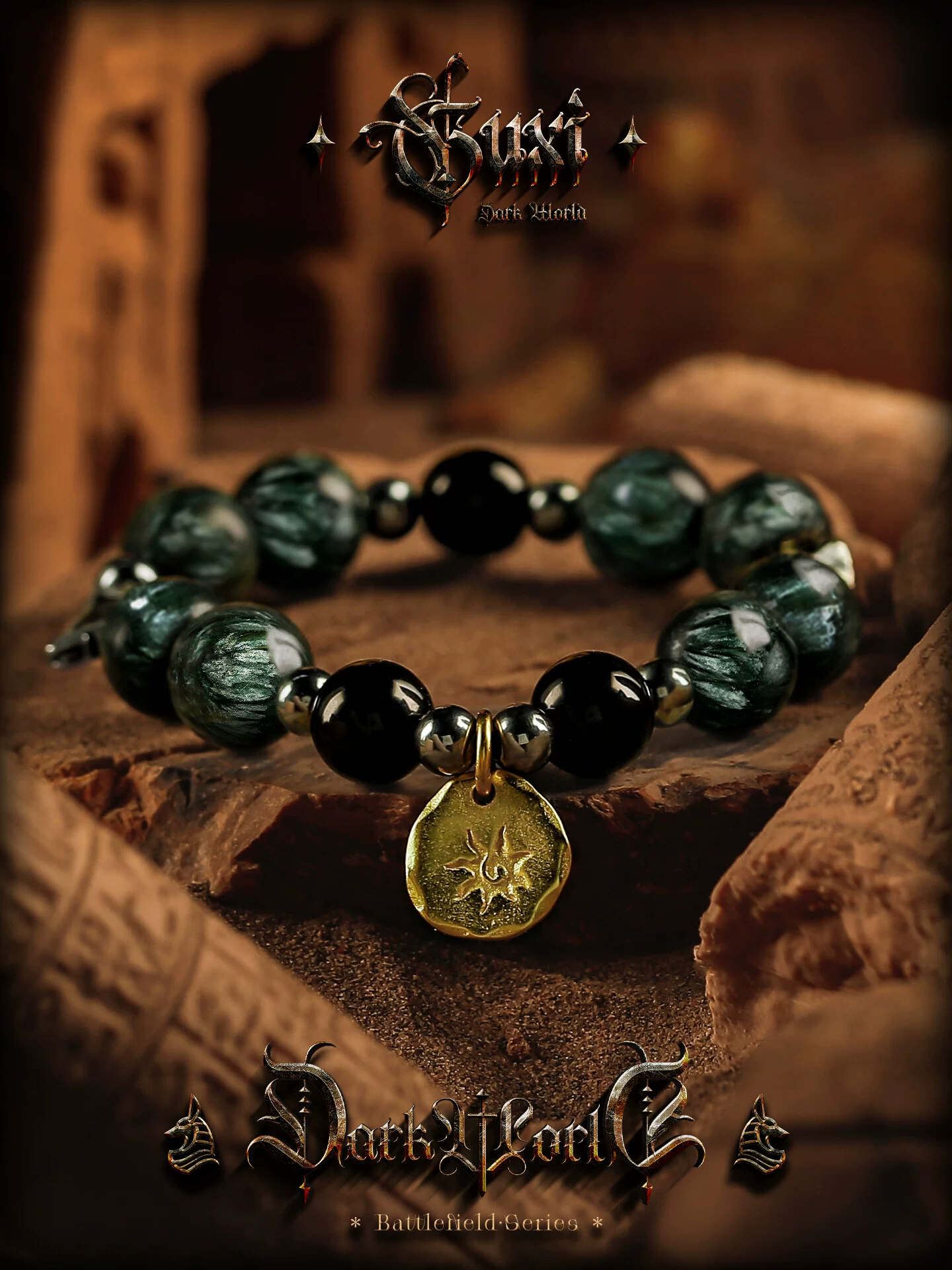 GUXI【绿洲】原创设计黑曜石手链男生复古绿龙晶手串珠子饰品礼物