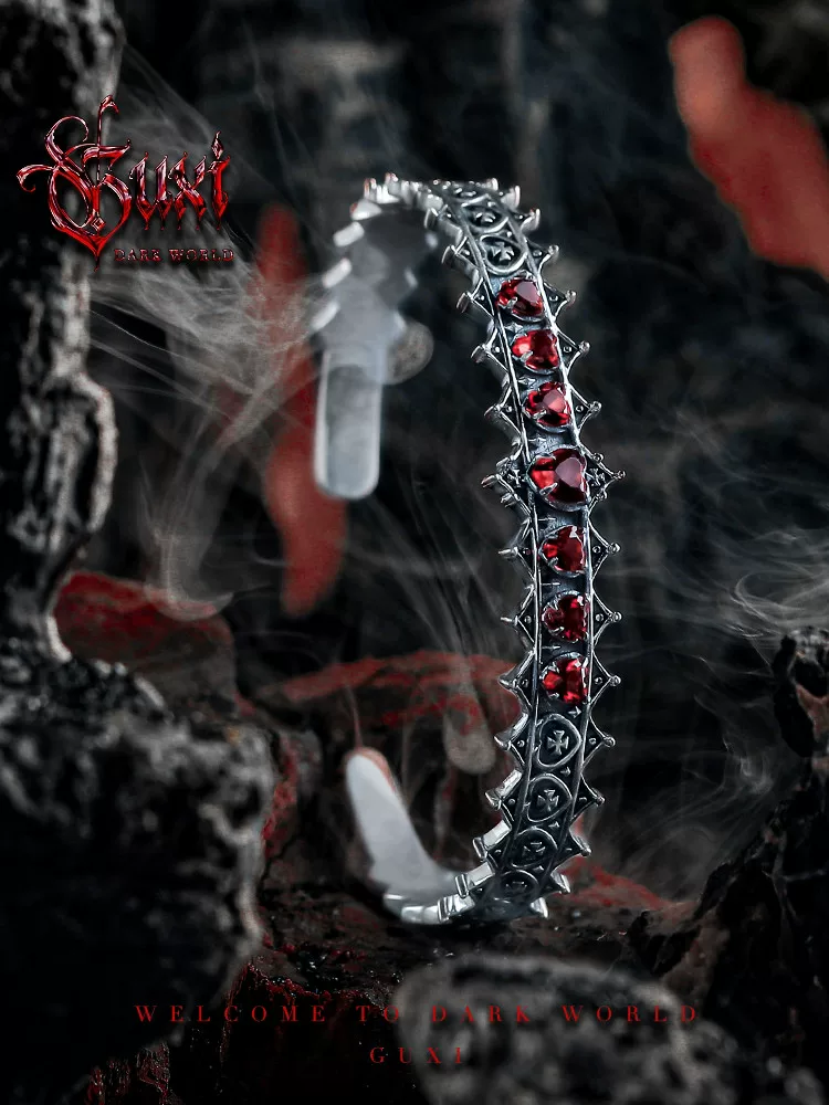 GUXI【祭月】原创设计925银手镯男士复古开口手环暗黑风小众饰品