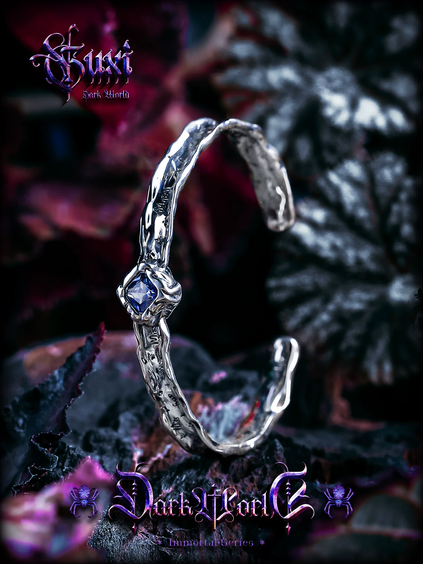 GUXI【谧野】原创925银手镯男士涂鸦肌理感手环镶嵌锆石复古个性