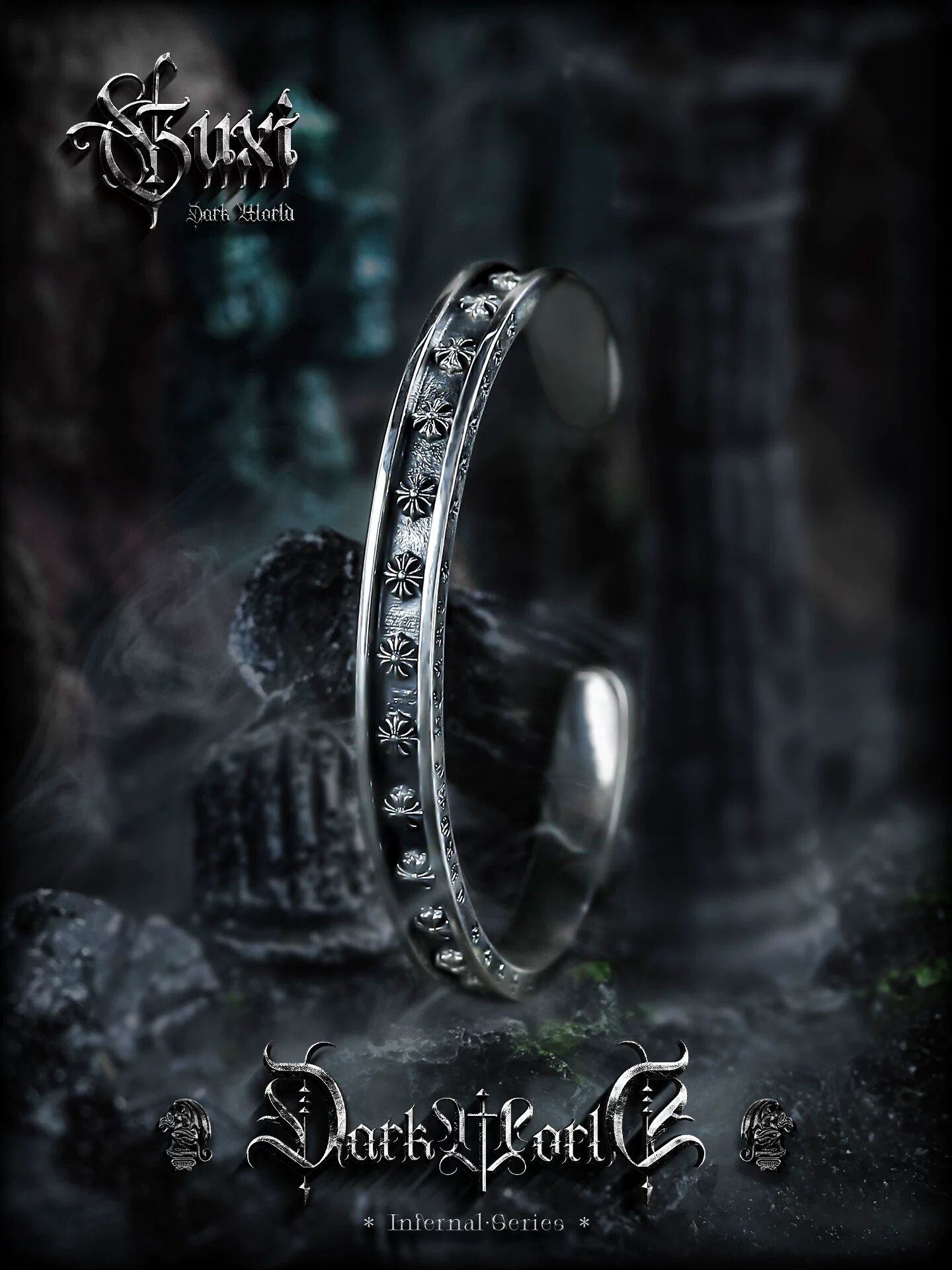 GUXI【冷觉】暗黑风925银手镯男复古十字架手环欧美个性小众银饰