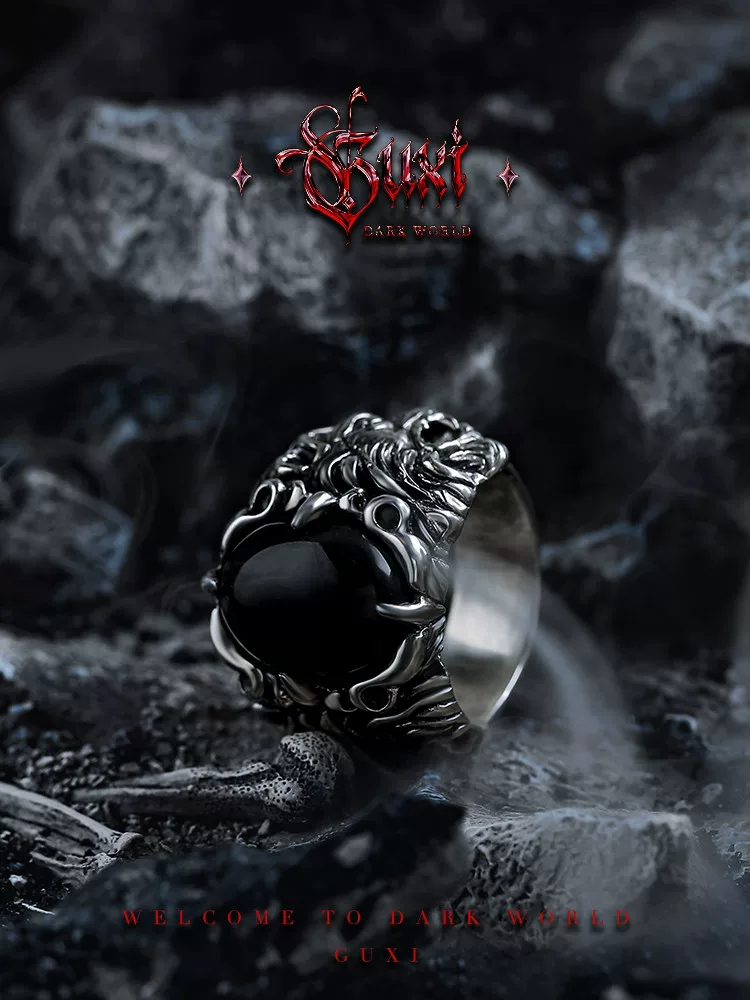 GUXI【夜伏】暗黑风925银戒指男生高级感复古霸气食指指环黑玛瑙