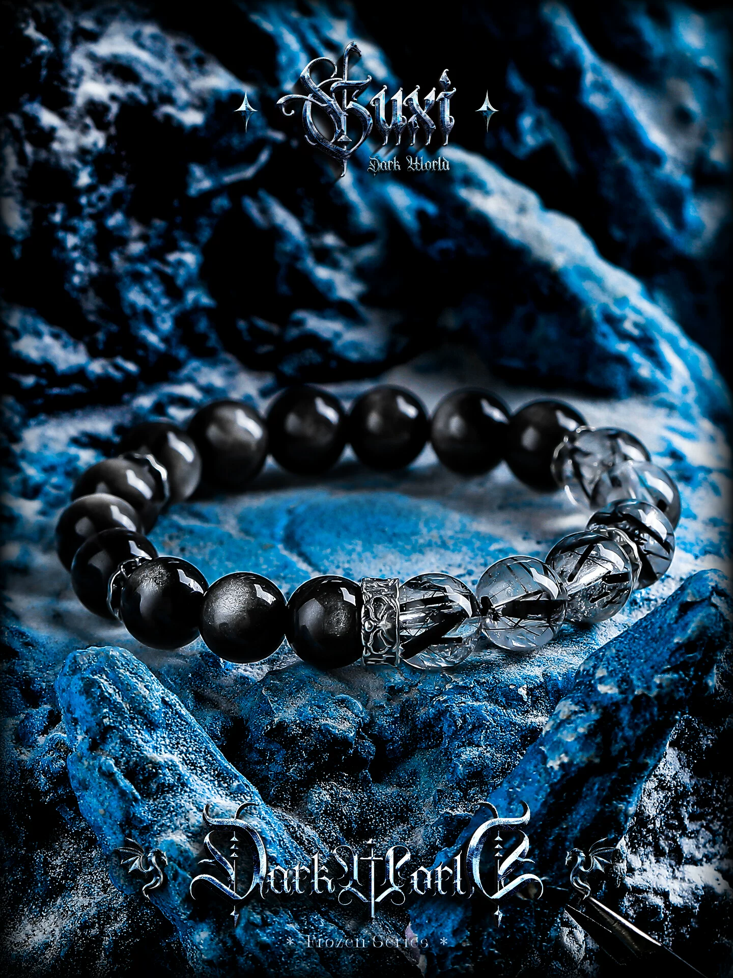 GUXI【魔影】银黑曜石手链男复古黑发晶手串百搭水晶串珠轻奢小众