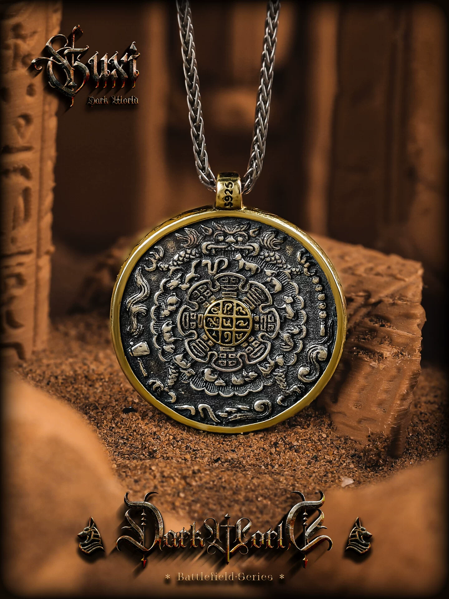 GUXI【九宫】原创古法圆盘吊坠男士高级感925银项链十二生肖礼物