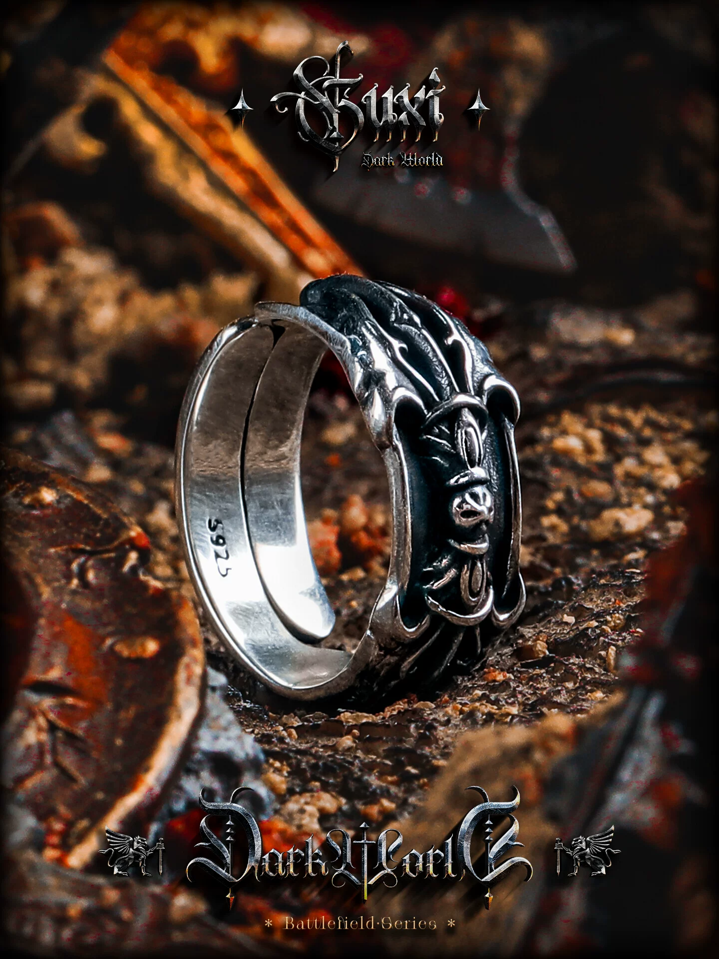 GUXI【纪元】暗黑风925银戒指男生个性复古六字真言食指指环银饰