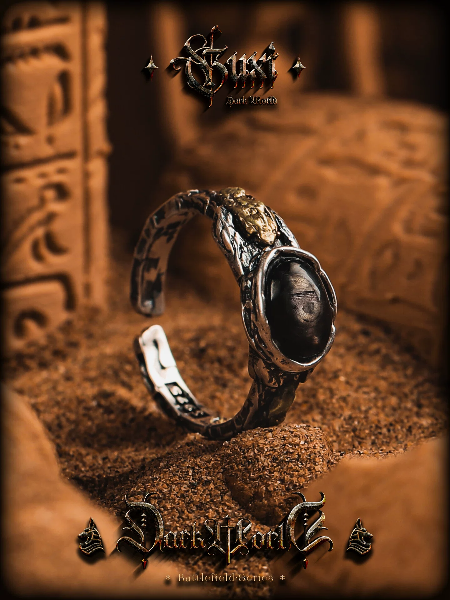 GUXI【夜枭】天然金运石925银戒指男生宝石指环复古小众生日礼物