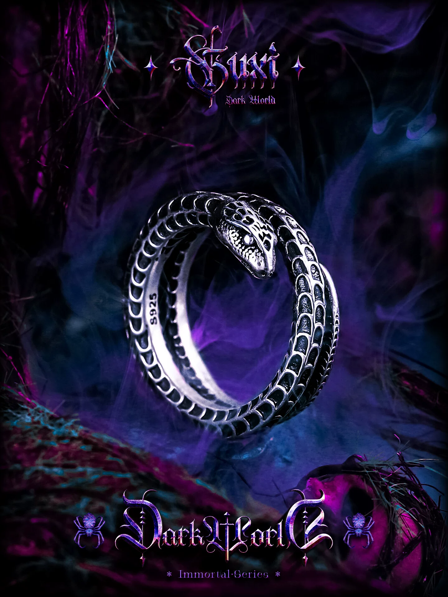 GUXI【迷途】暗黑风925银蛇形戒指男生小众设计个性食指指环开口