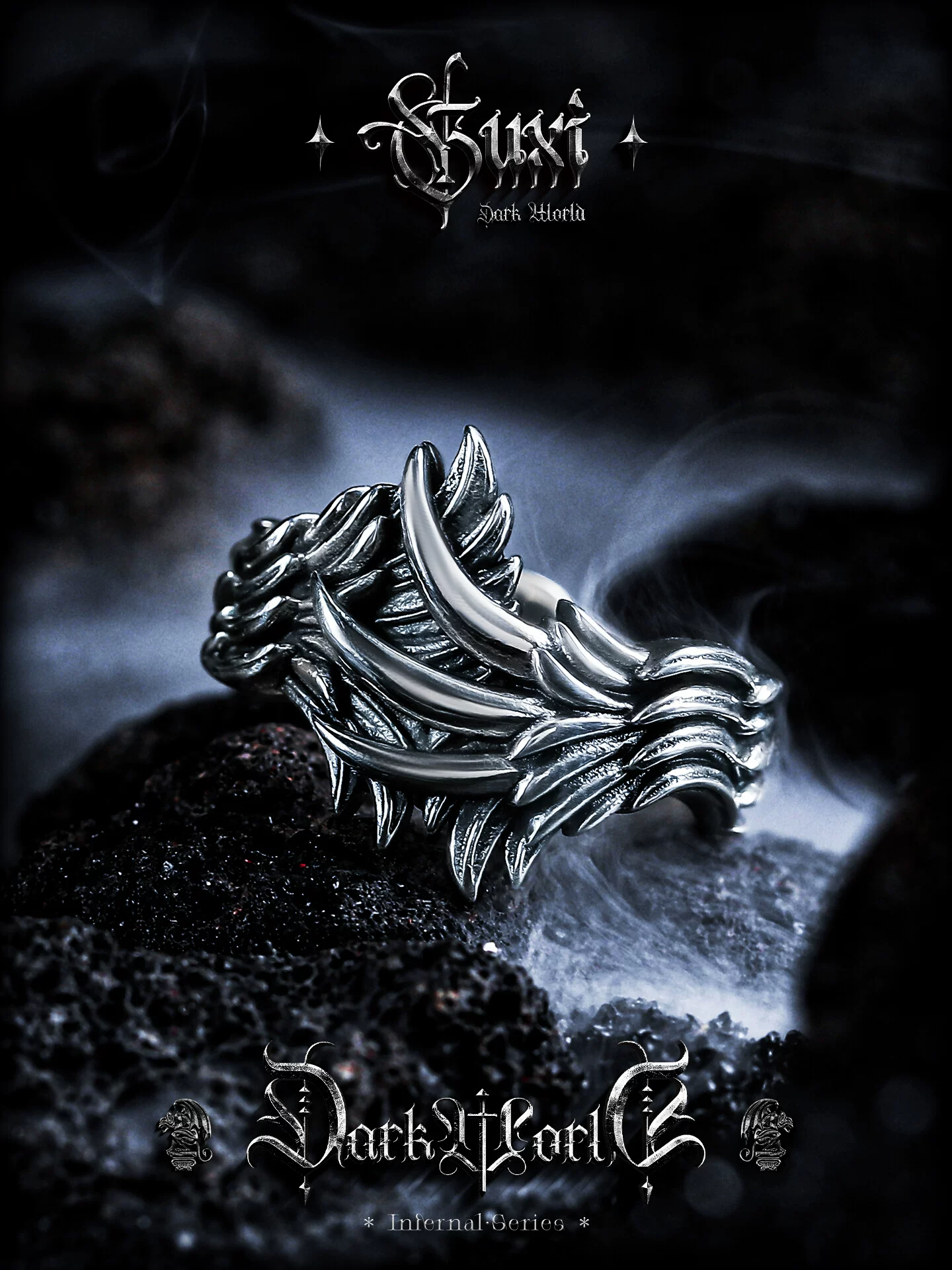 GUXI【幽冥之翼】小众天使之翼925银戒指男羽毛指环复古做旧饰品