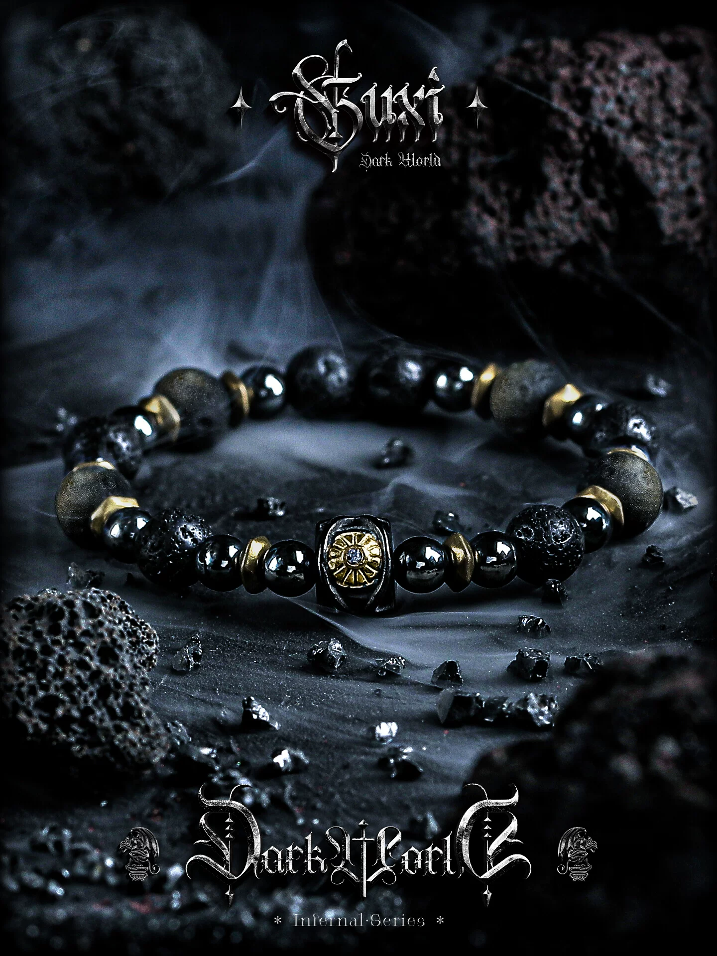 GUXI【黑暗侵袭】火山石手链男金曜石陨石珠黑胆石手串送男友礼物