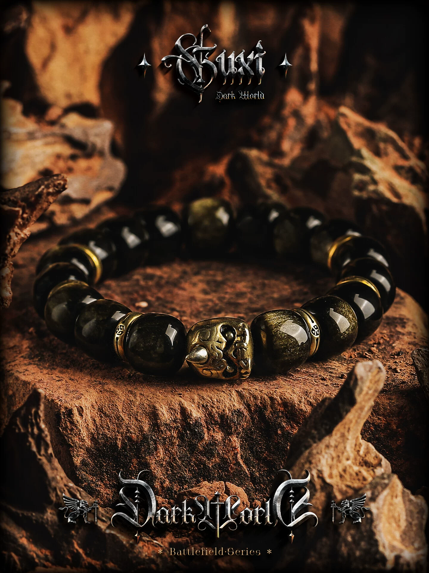 GUXI【古影】小众设计金黑曜石手链男复古老型桶珠手串高级感个性