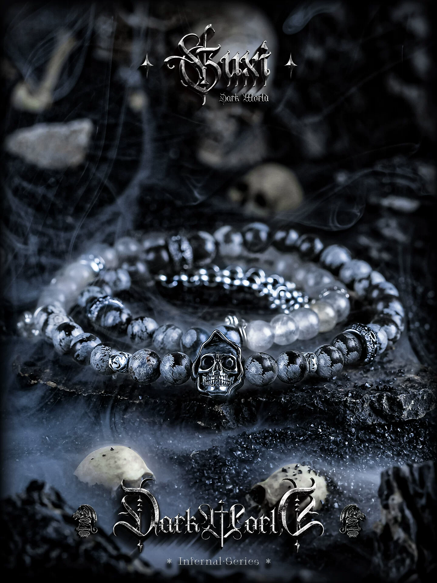 GUXI【诡境】暗黑风雪花黑曜石手链男雾水晶手串珠送男友生日礼物