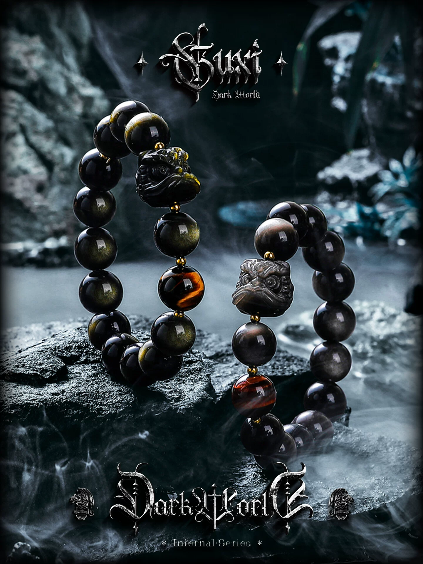 GUXI【醒狮】天然金银黑曜石手链男生高级感情侣手串生日礼物新年