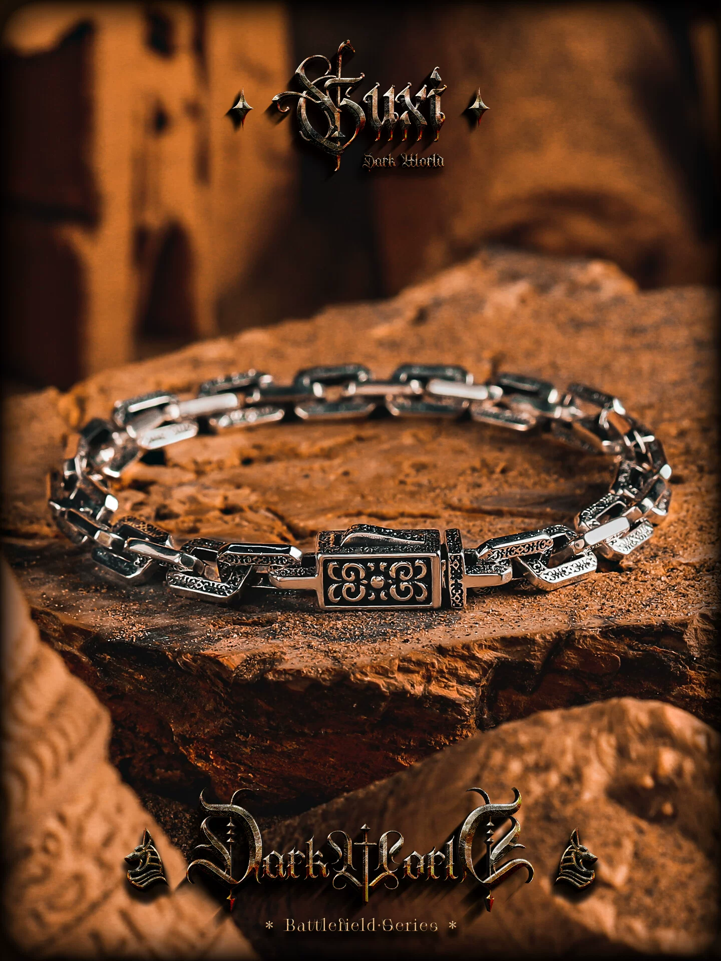 GUXI【暗纹】欧美朋克复古藤草军花纹按扣925银手链男古巴链手环