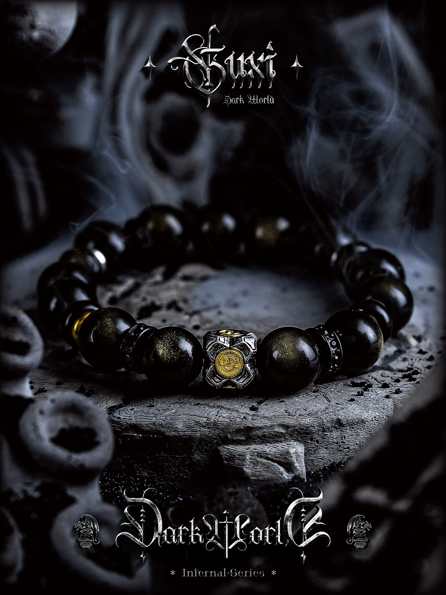 GUXI【寂灭之光】复古金黑曜石手链男高级感小众玛瑙手串百搭简约