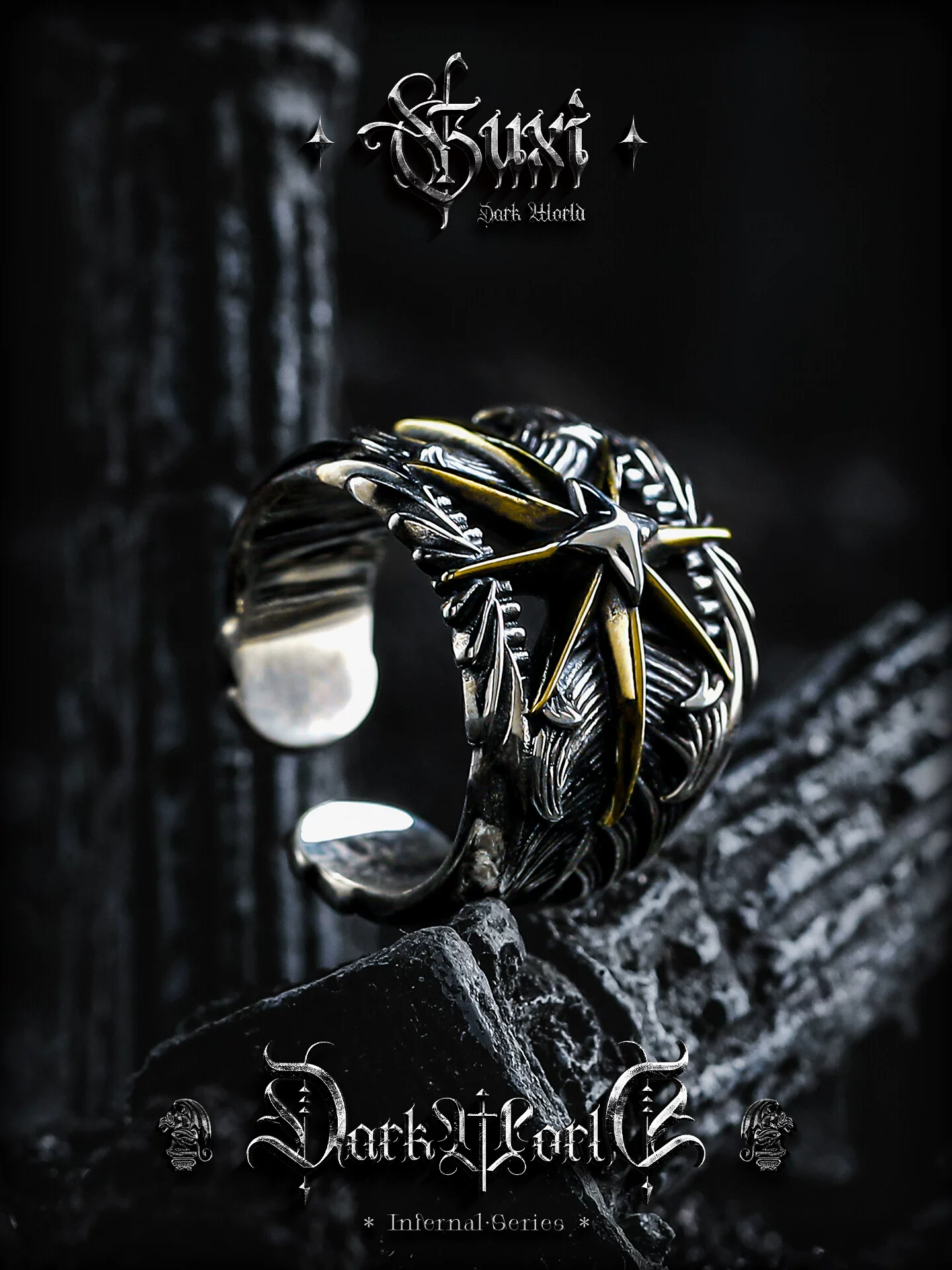 GUXI【光之翼】个性925银戒指男士高级感复古八芒星指环小众饰品