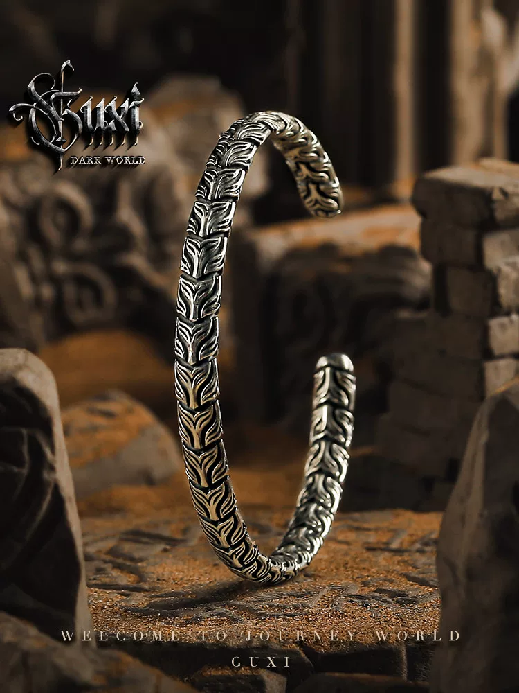 GUXI【启途】复古做旧925银手镯男高级感手环冷淡风银饰生日礼物