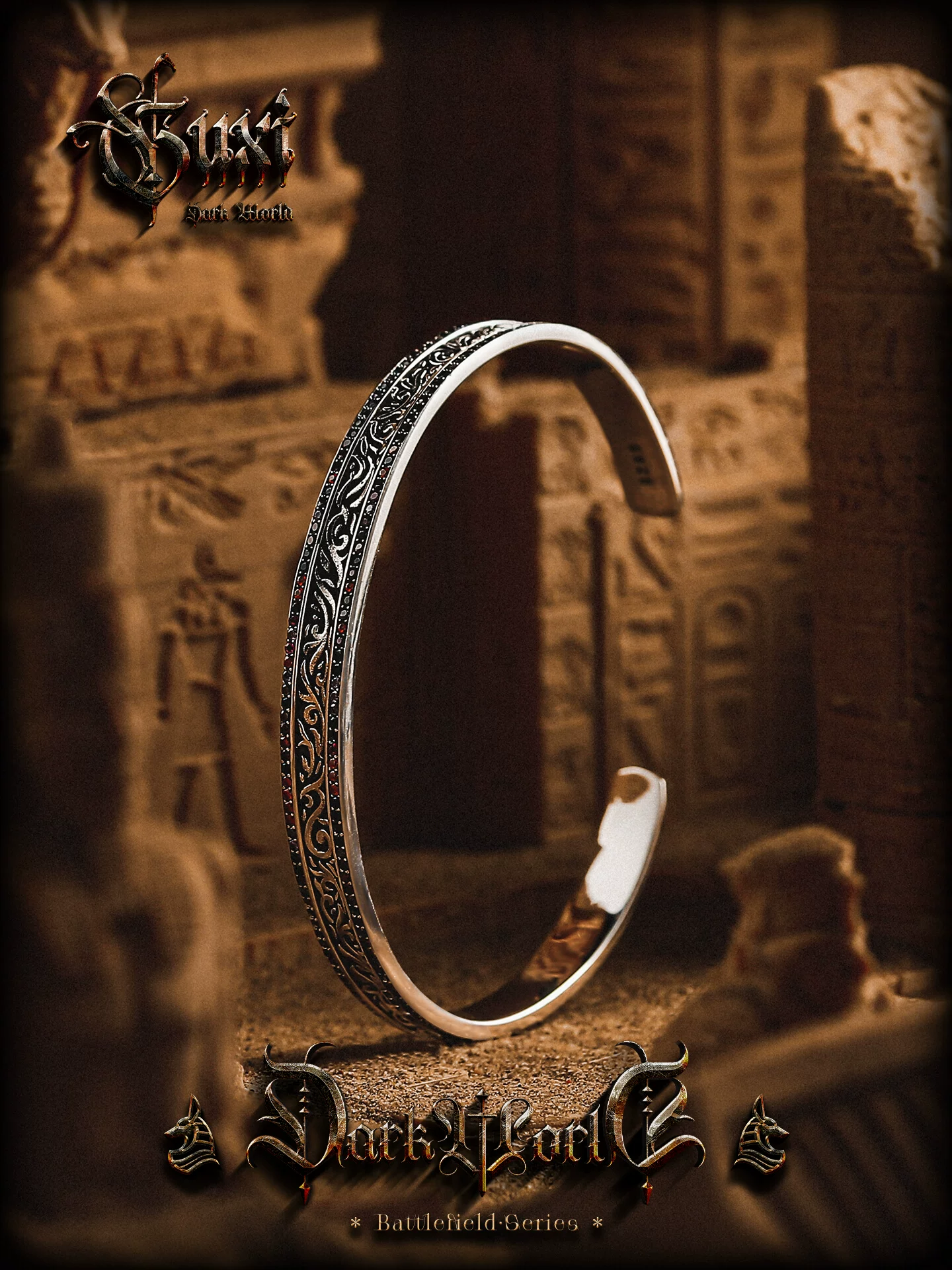 GUXI【幻梦】原创复古925银花纹手镯男小众手环开口手工银饰礼物