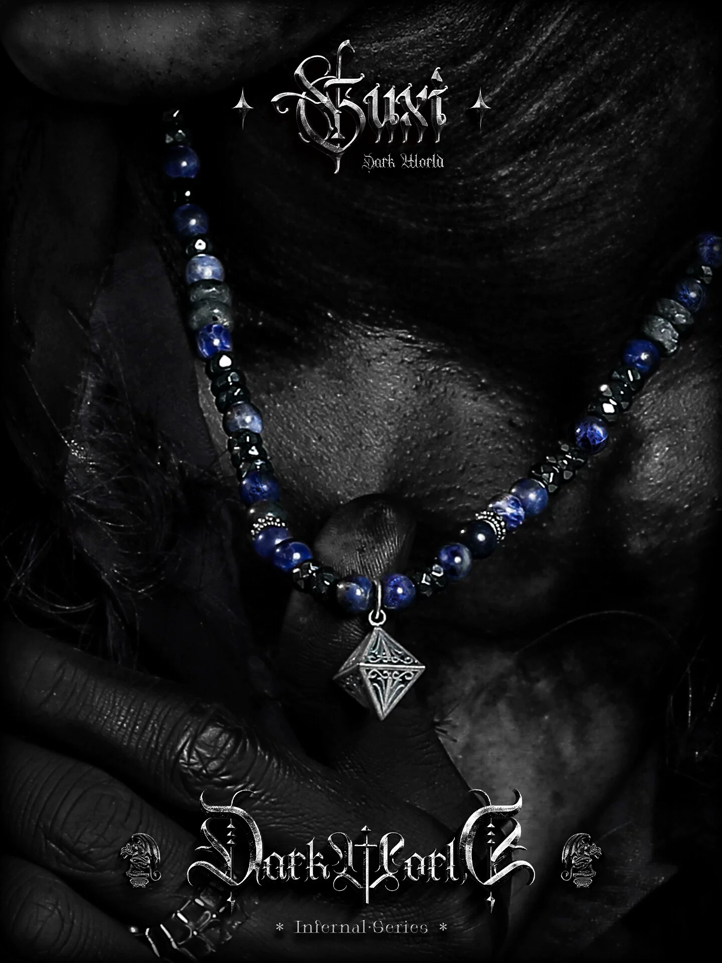 GUXI【夜澜】蓝纹石项链男高级感个性黑闪石小众锥形吊坠串珠饰品