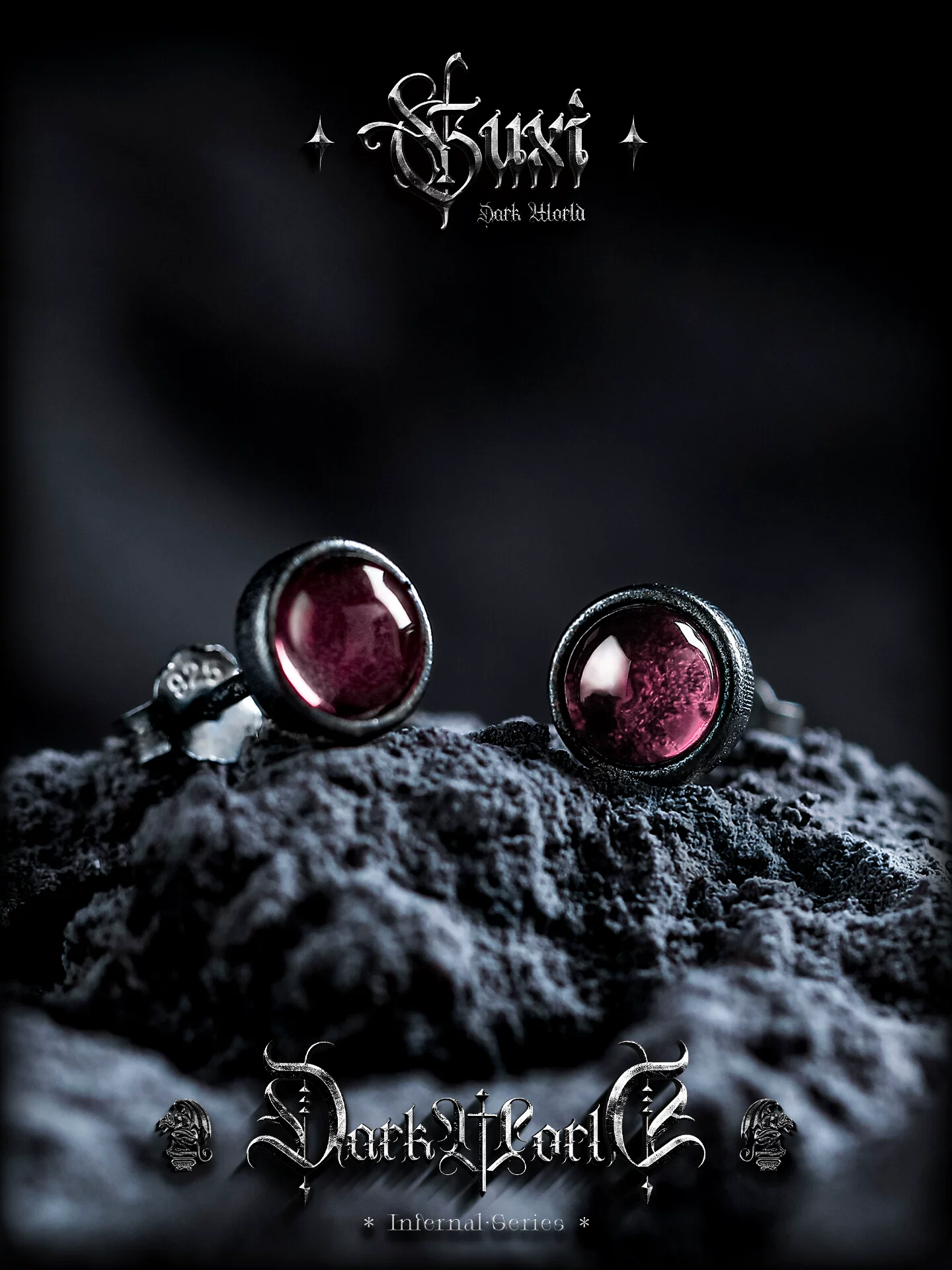 GUXI【红色幻象】暗黑风复古s925银耳钉男士小众红色锆石耳饰个性