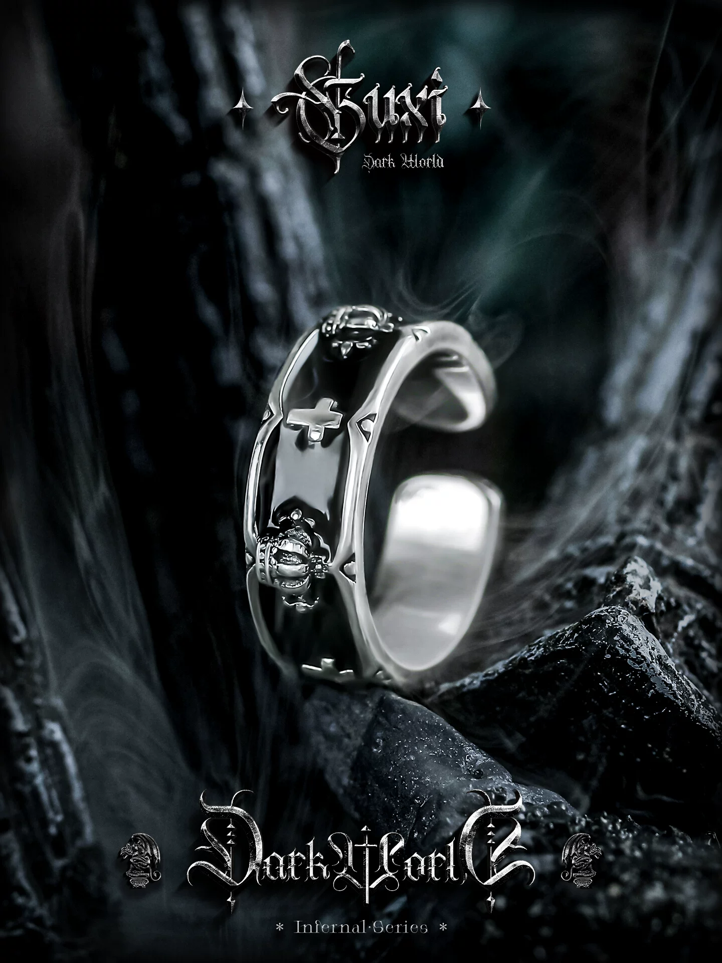 GUXI【冠冕】暗黑原创925银戒指男高级感小众王冠十字架指环个性