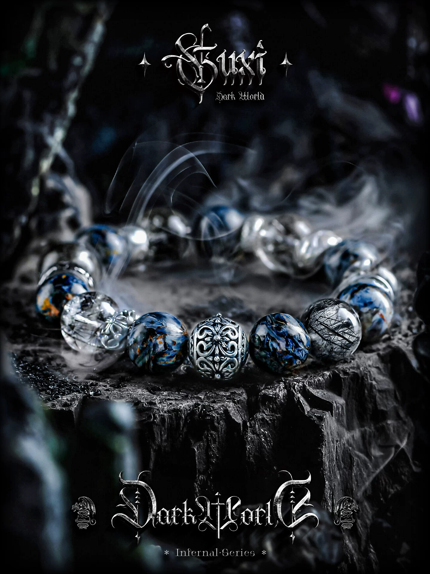 GUXI【孤星】暗黑风复古巴西老矿黑发晶手链男猫眼彼得石手串水晶