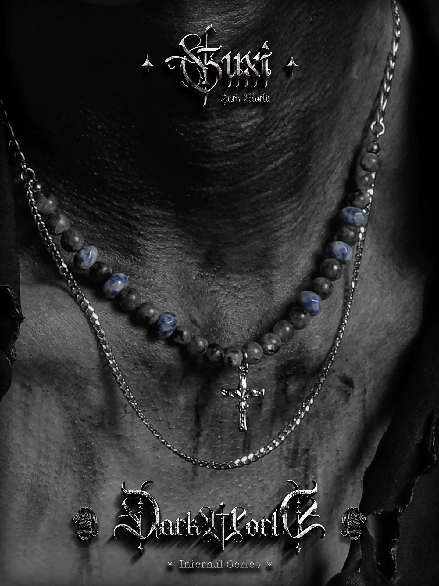 GUXI【星夜审判】个性十字架串珠钛钢项链小众设计毛衣链饰品男生