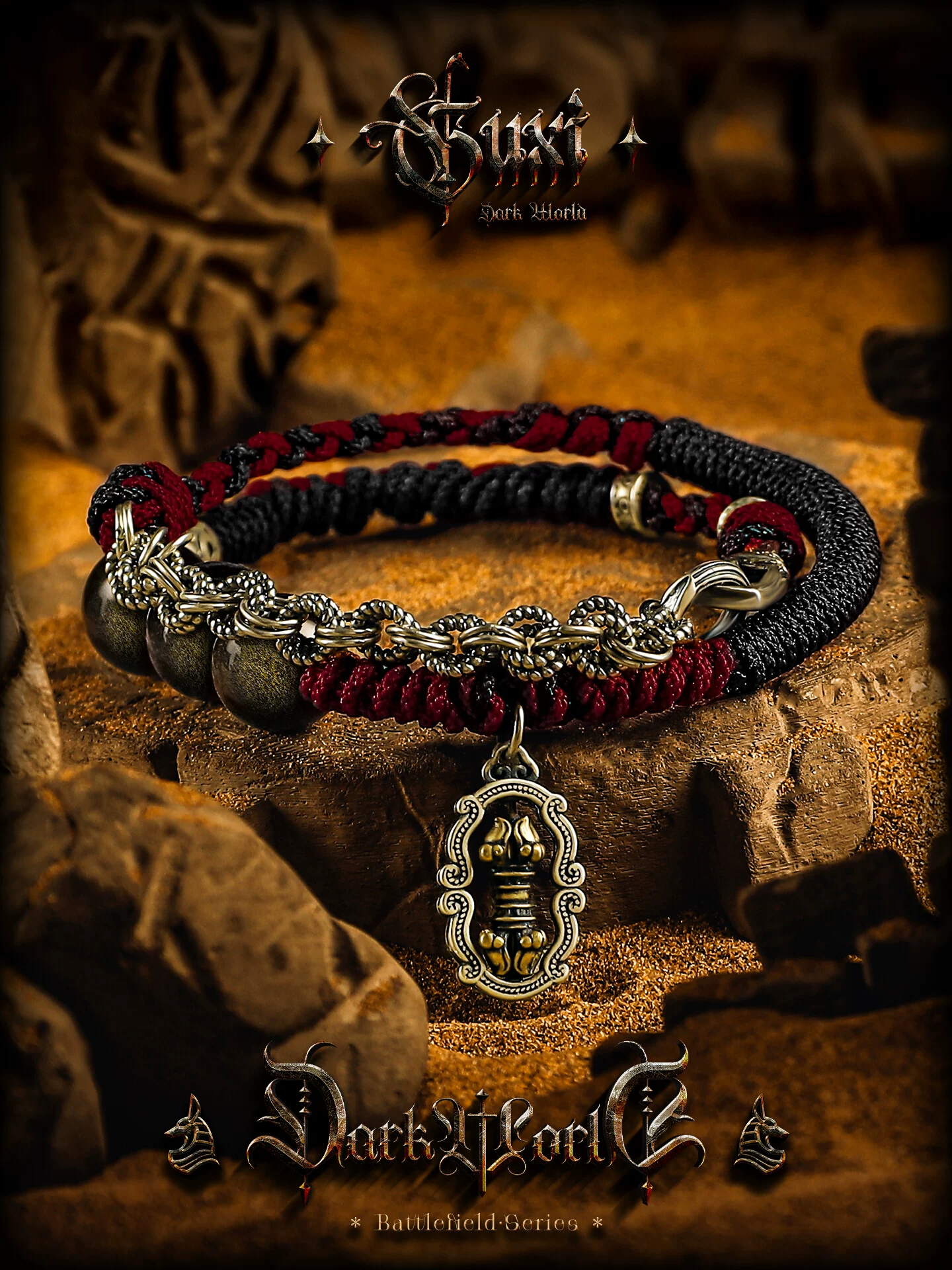 GUXI【金轮】新中式金黑曜石手链男高级感手工编织串珠金刚杵手绳