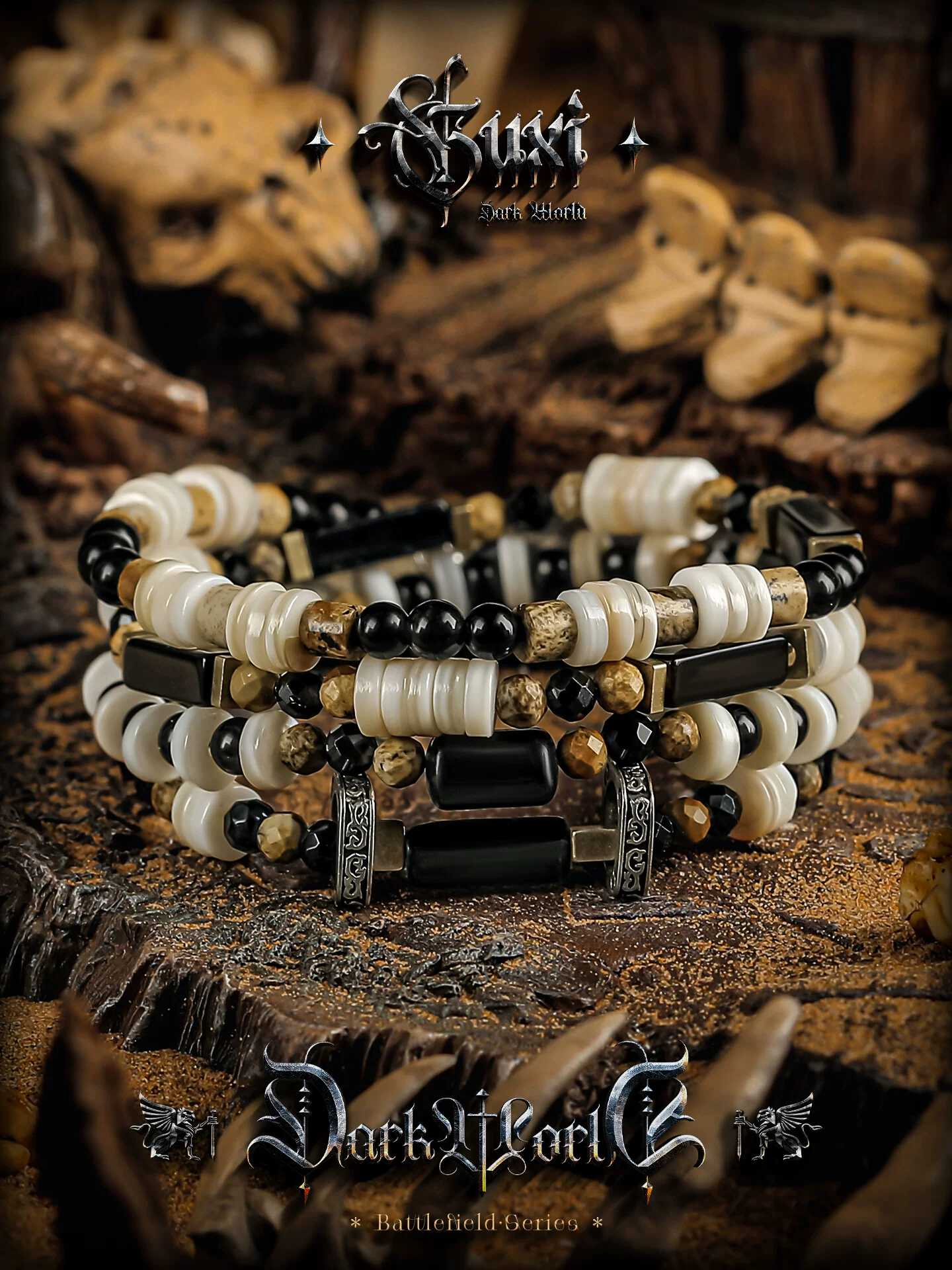 GUXI【沙海】黑曜石手链男小众图画石咖啡马蹄螺手串珠子饰品叠戴