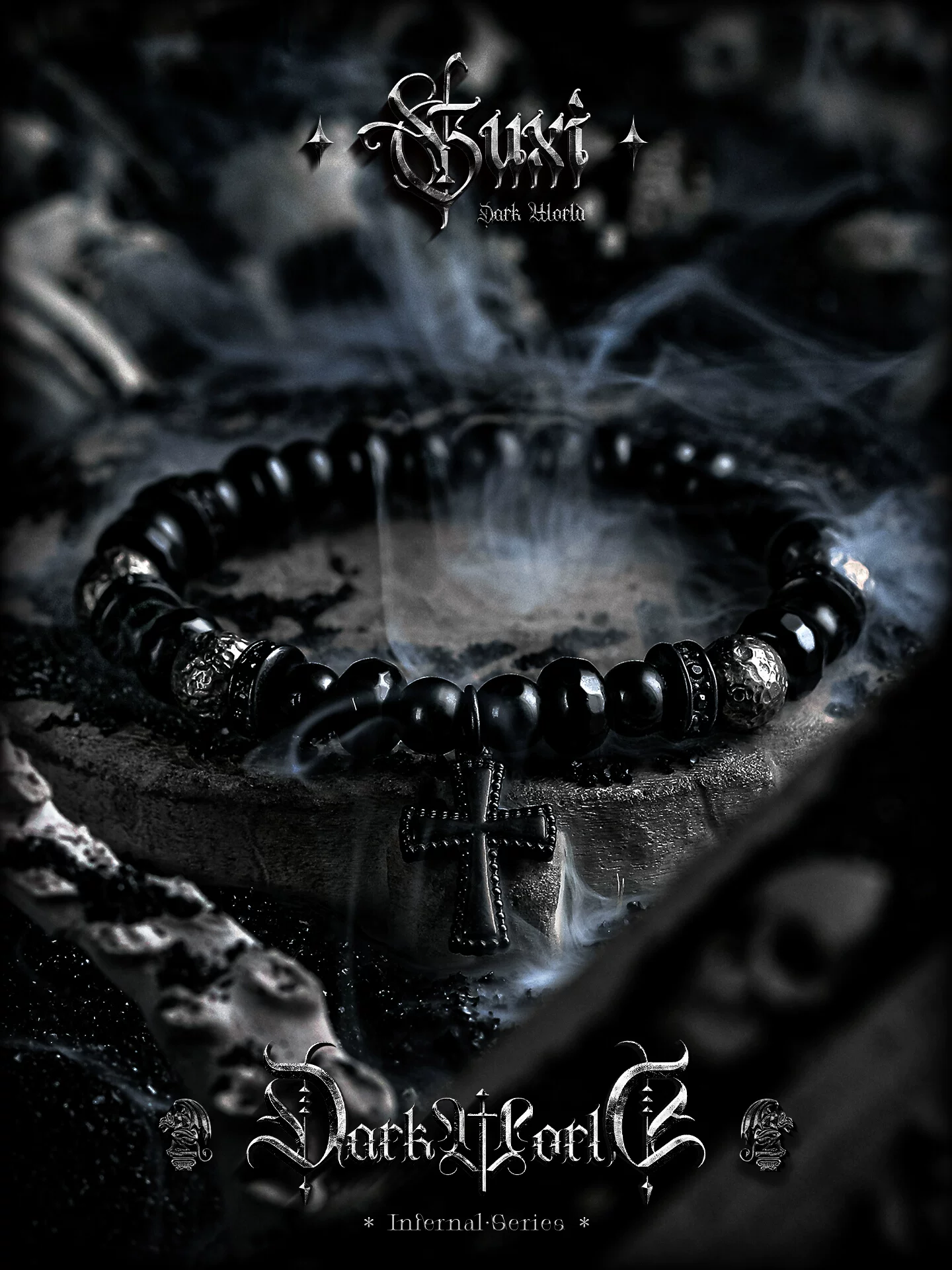 GUXI【暗踪】暗黑朋克风黑曜石手链男高级感黑玛瑙手串珠生日礼物