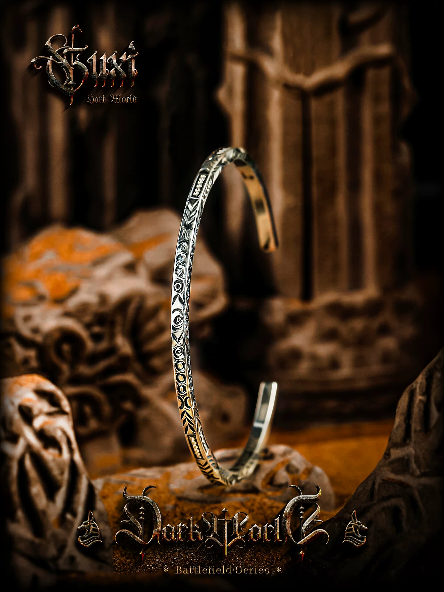 GUXI【铭文】原创复古925银手镯男士方形小众开口细手环生日礼物