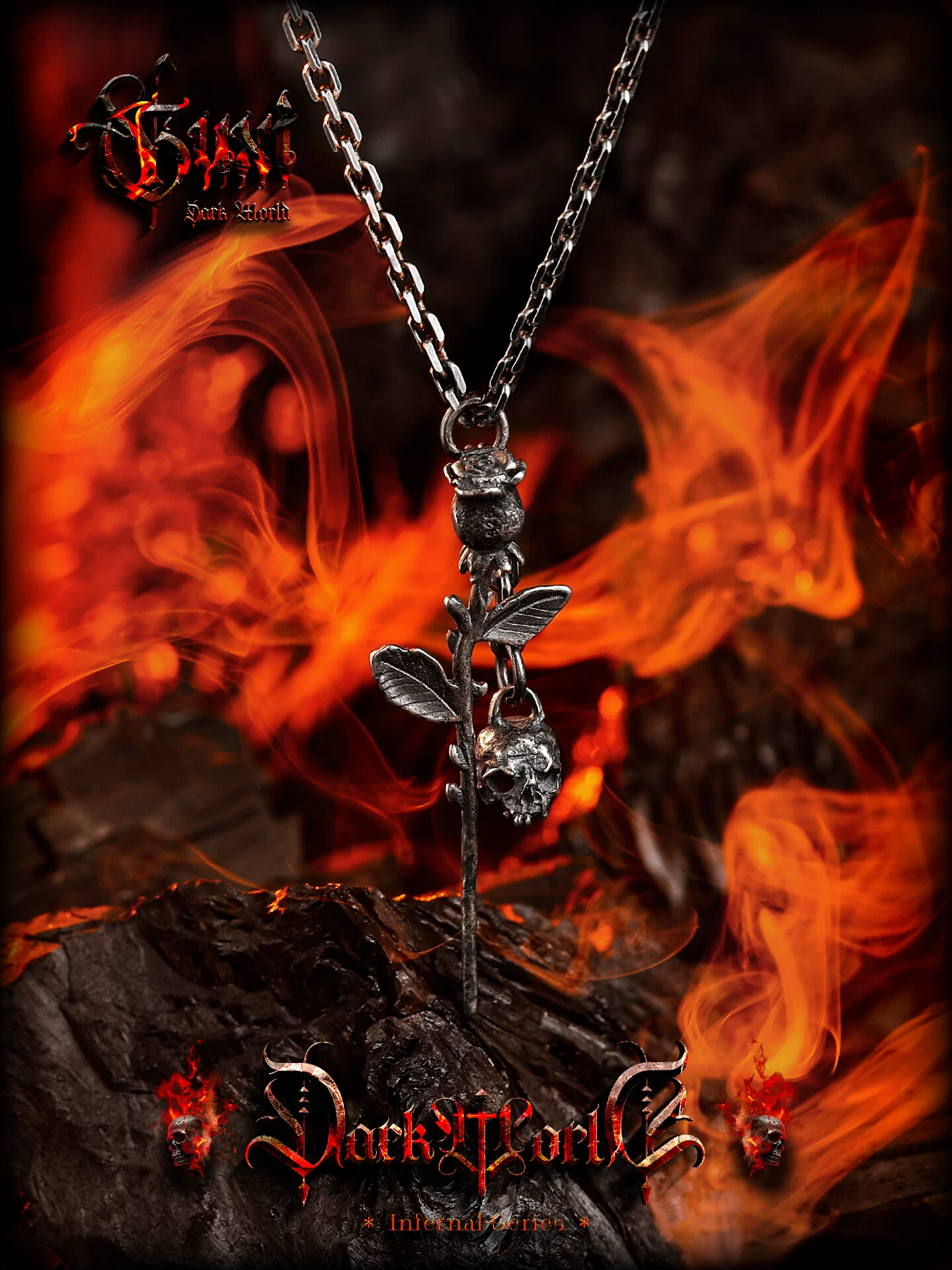 GUXI【魔灵】哥特风骷髅玫瑰吊坠男士小众925银项链复古个性朋克