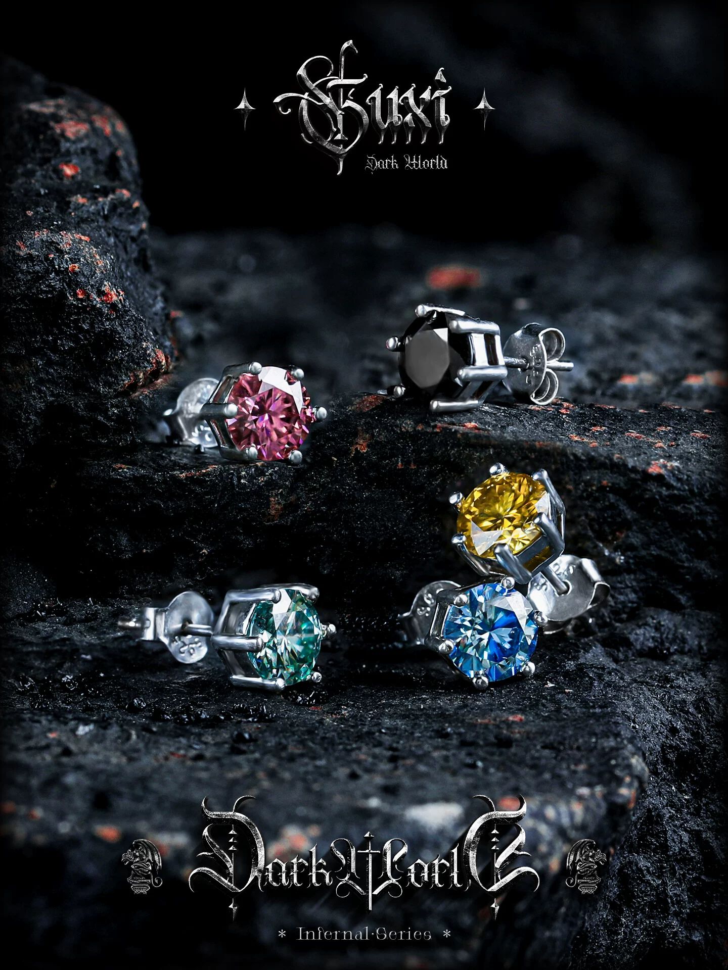 GUXI【绚】美式嘻哈彩色莫桑石耳钉男925银耳饰情侣个性饰品小众