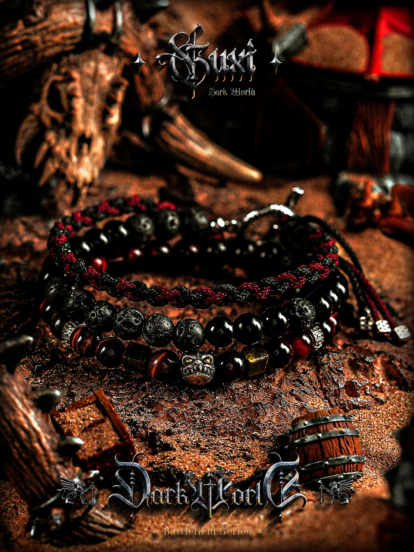 GUXI【炽焰】黑曜石手链男红虎眼石手串珠复古火山石手绳叠戴饰品