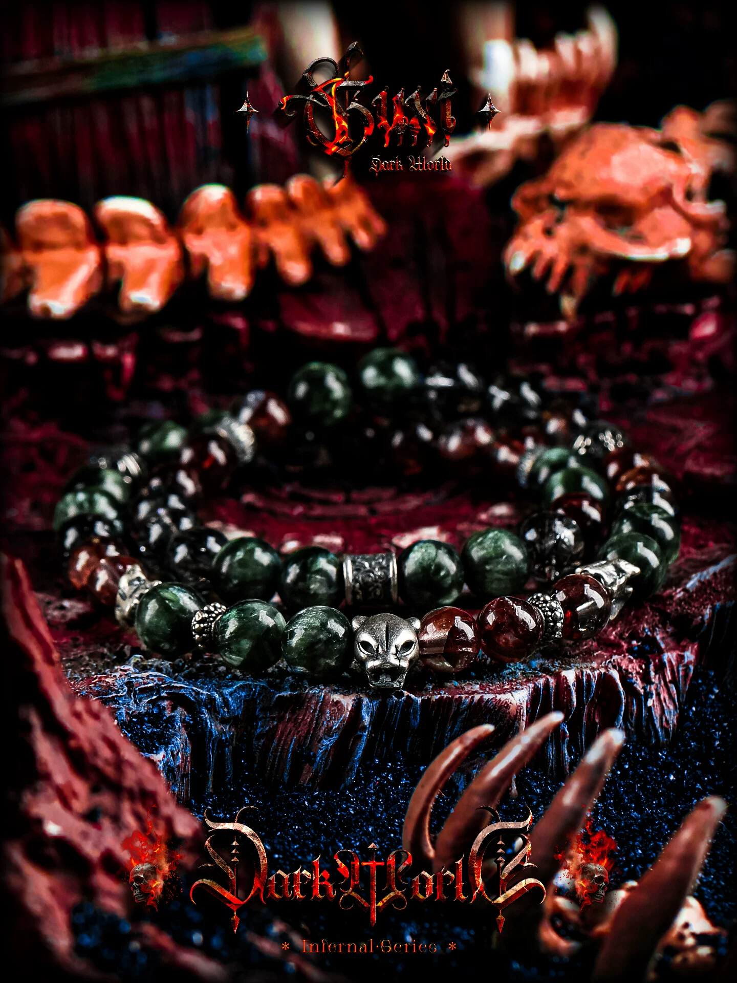 GUXI【嘶吼】暗黑小众绿龙晶手链男红胶花水晶黑发晶多圈手串礼物