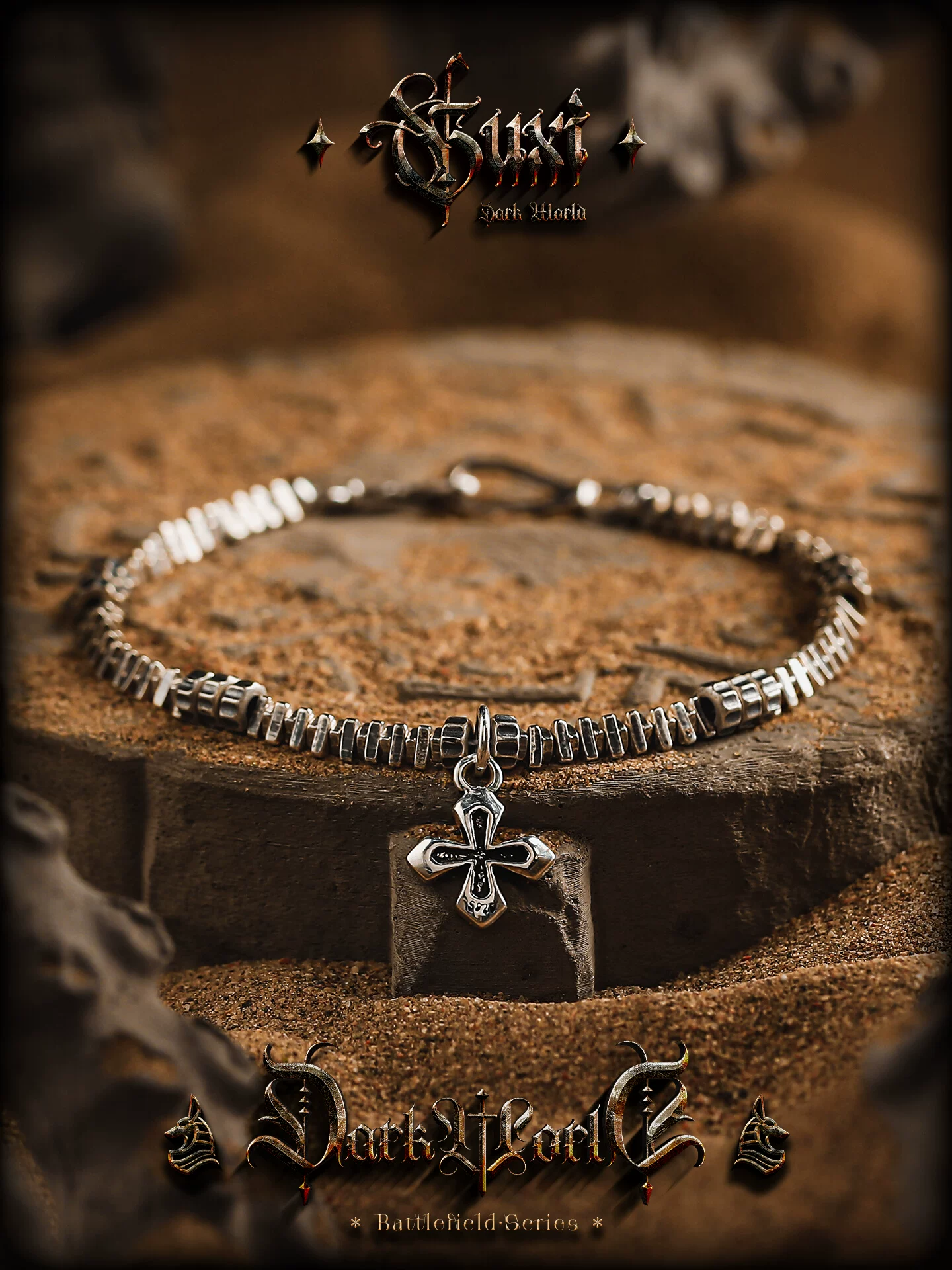 GUXI【追猎者】小众十字架925银手链男复古碎银手串个性饰品百搭