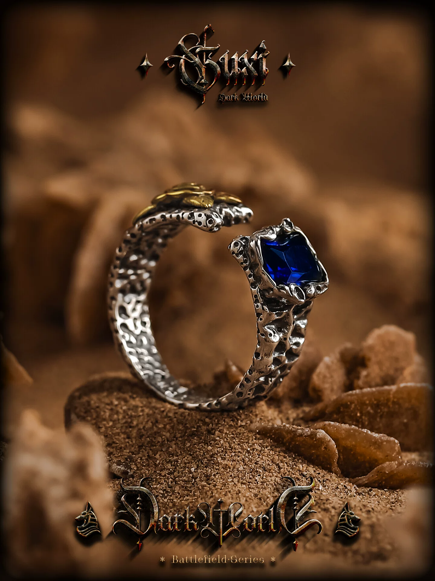 GUXI【星黎】复古小众925银玫瑰陨石戒指男高级感指环个性开口戒