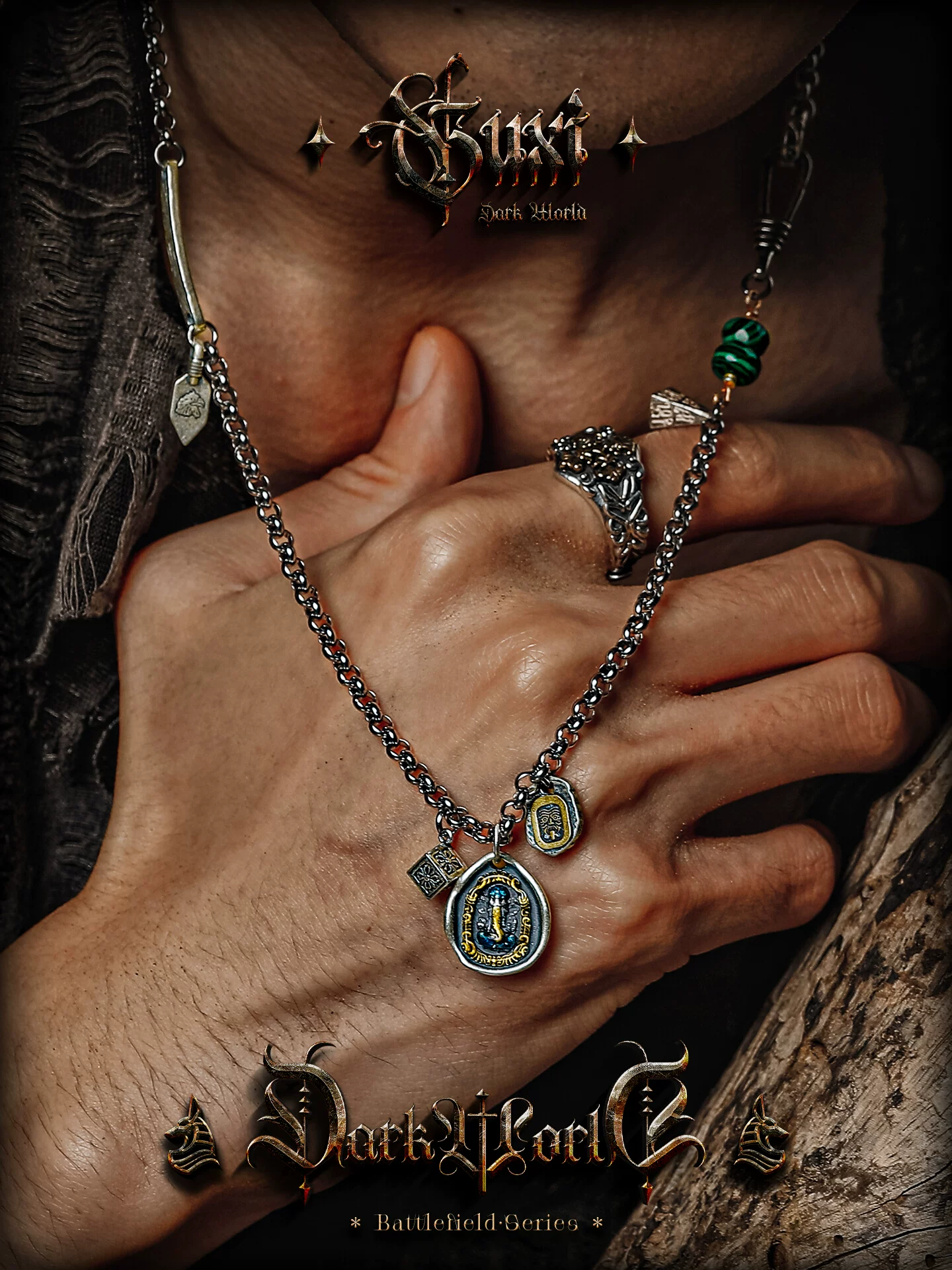 GUXI【询古】复古925银扎基拉姆项链男象神吊坠小众孔雀石毛衣链