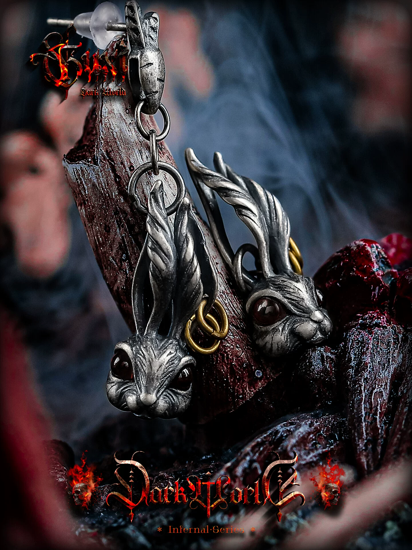 GUXI【月灵】暗黑风小众魔兔耳坠男生925银耳钉复古做旧饰品个性