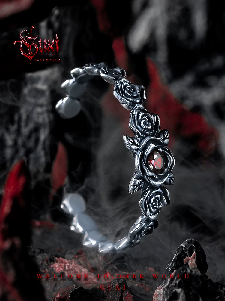 GUXI【忆梦】荆棘玫瑰花925银手镯男潮复古手工银饰开口手环个性