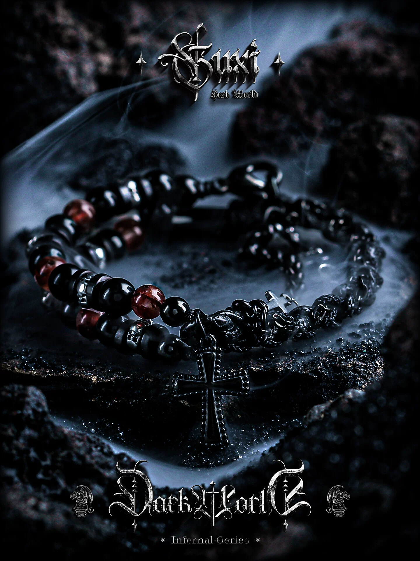 GUXI【傀儡】暗黑风黑曜石手链男红胶花水晶手串珠椰壳十字架手绳